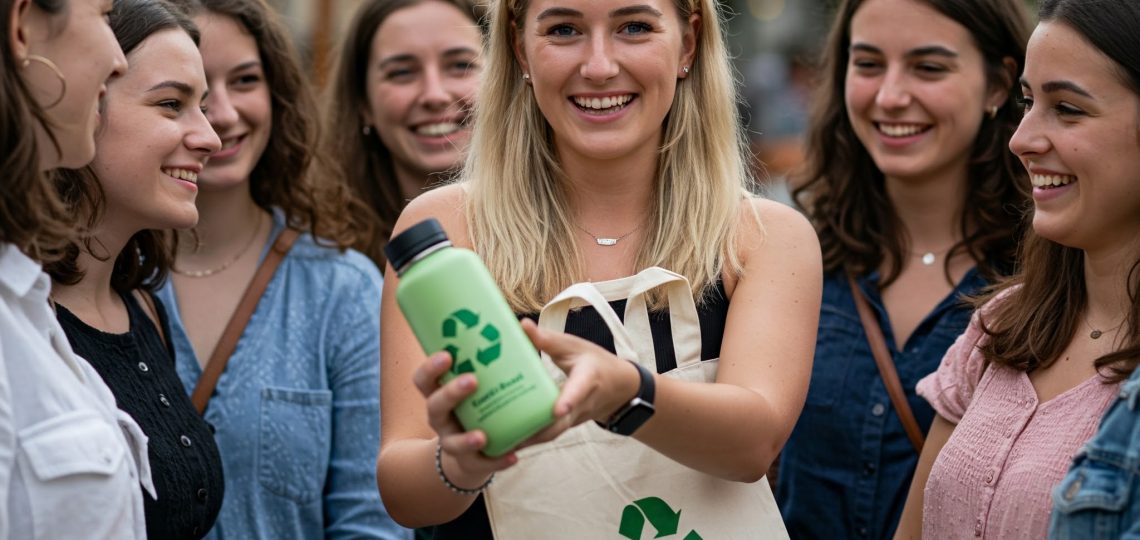 Gruppe junger Frauen, die nachhaltige Werbeartikel zeigen
