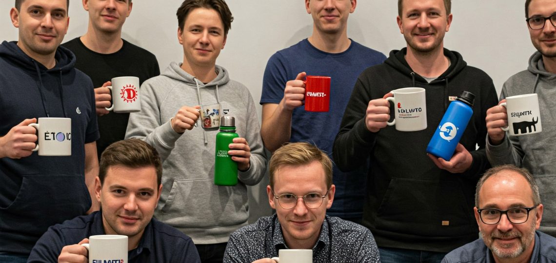 Menschen verschiedener Altersgruppen und Stile präsentieren in einer ungezwungenen Umgebung Werbeartikel wie Tassen und Trinkflaschen.