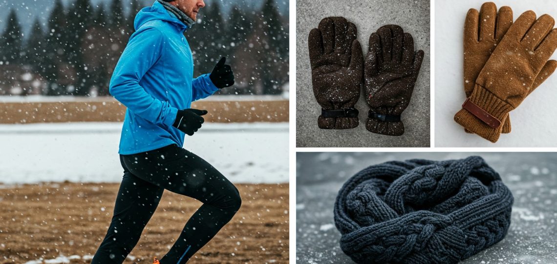 Eine Collage zeigt vier Szenen zum Thema Wintertraining: Eine Läuferin mit blauer Sportbekleidung läuft durch eine Schneelandschaft, ein Läufer mit Spikes geht auf Eis, eine Person dehnt sich im Schnee und eine Nahaufnahme zeigt Mütze, Schal, Handschuhe und Winterjacke.
