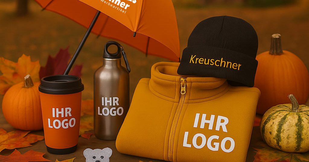 Zwischen Herbstlaub und Kürbissen liegen Werbeartikel mit Logo: Jacke, Trinkflasche, Becher, Mütze und Regenschirm.