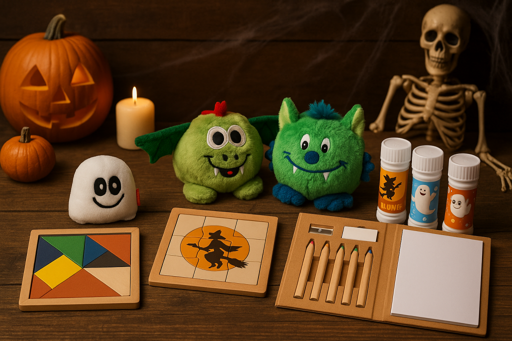 Plüschmonster, Puzzle, Malset und Seifenblasen mit Halloween-Motiven auf Holztisch mit Kürbis und Deko