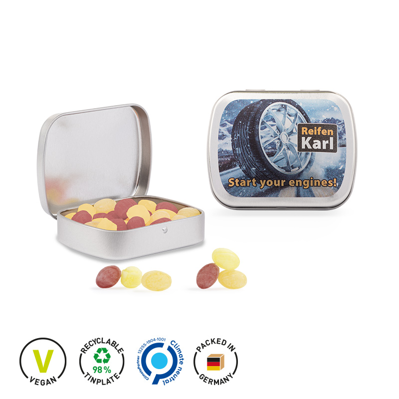 Klappdose silber-blank Mini Bonbons Fruchtmix Klappdose silber-blank Mini Bonbons Fruchtmix