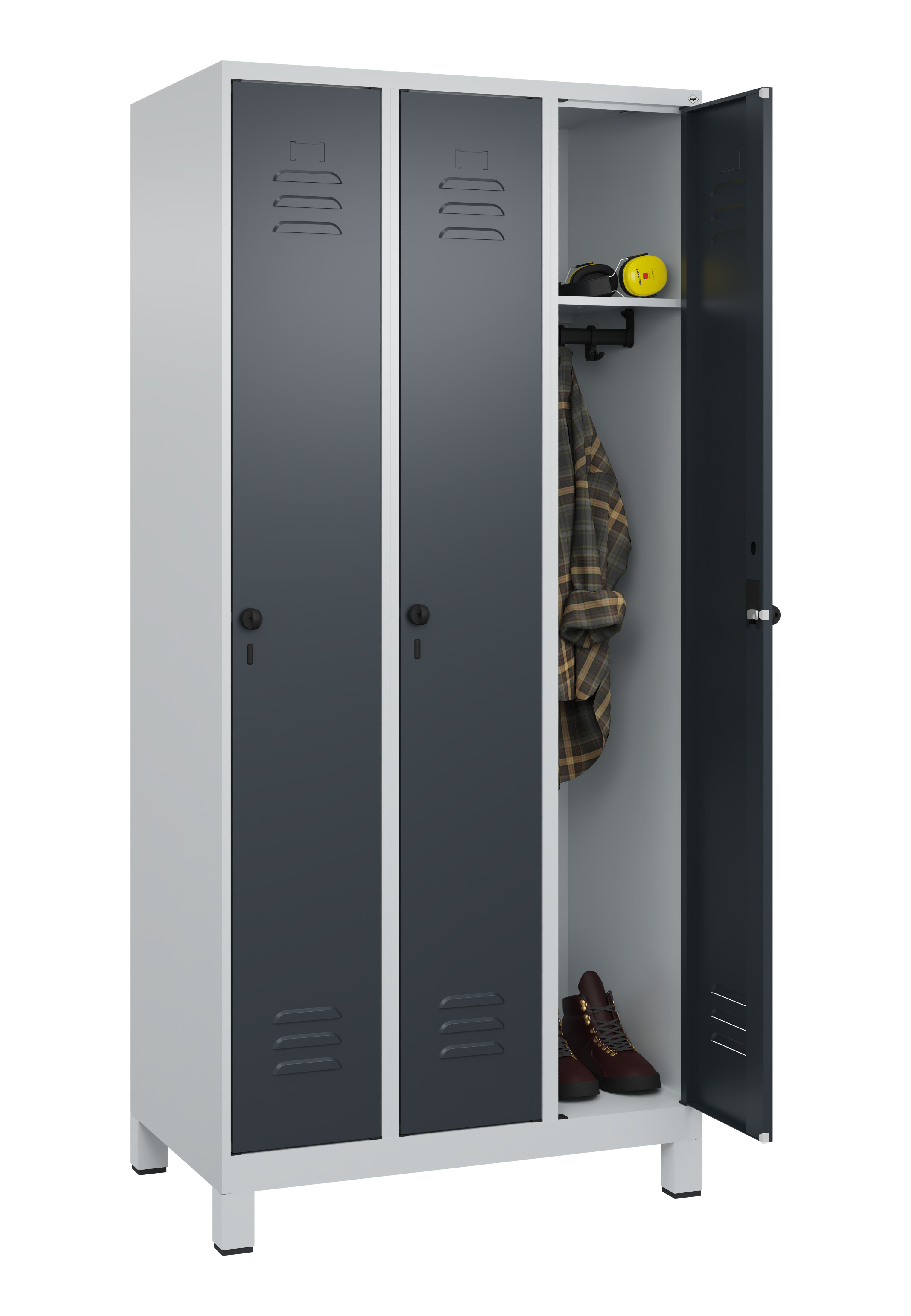 Spind Classic Plus, Füße, 3 Abteile, 1950x900x500mm Spind Classic Plus, Füße, 3 Abteile, 1950x900x500mm