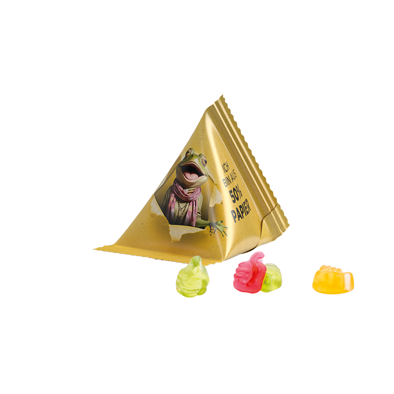 Fruchtgummi Tetraeder Papierfolie weiß Trolli Fruchtgummi Daumen