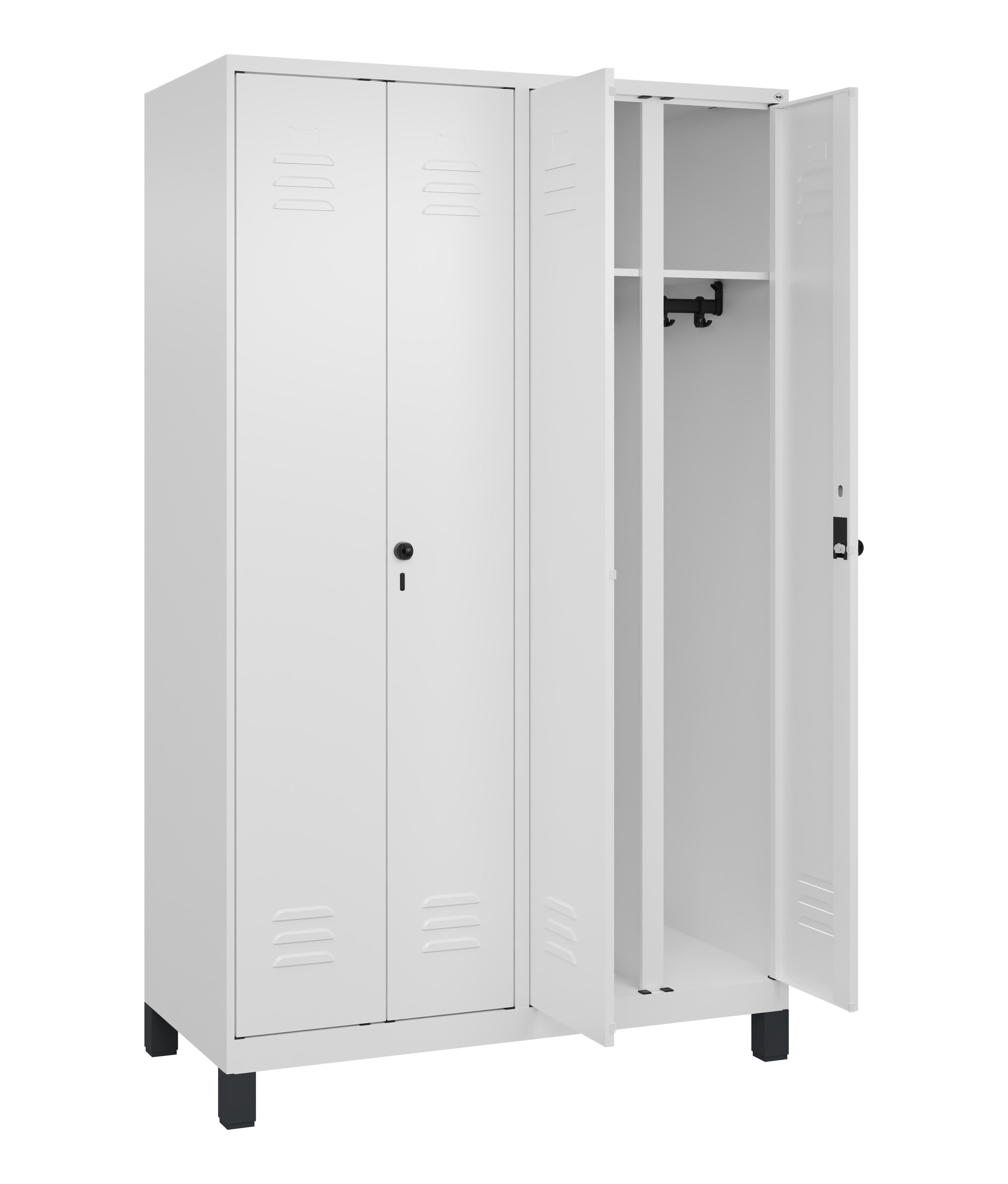 Schwarz-Weiß-Spind Classic Plus, Füße, 4 Abteile, 1950x1200x500mm Schwarz-Weiß-Spind Classic Plus, Füße, 4 Abteile, 1950x1200x500mm