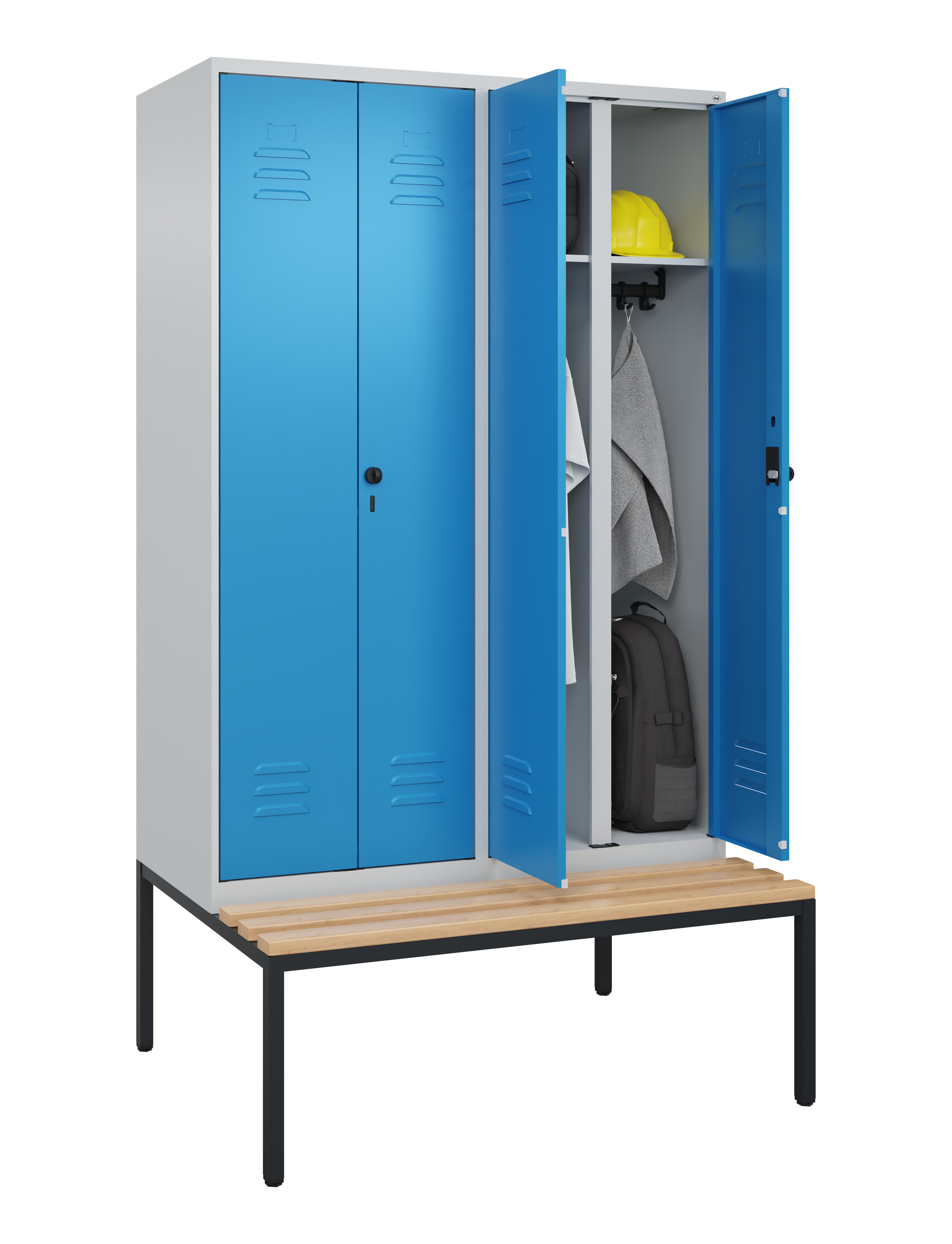 Schwarz-Weiß-Spind Classic Plus, Bank, 4 Abteile, 2120x1200x815mm