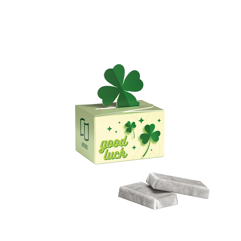 Geschenkbox Mini Kleeblatt Alpenmilch Schokotäfelchen Geschenkbox Mini Kleeblatt Alpenmilch Schokotäfelchen