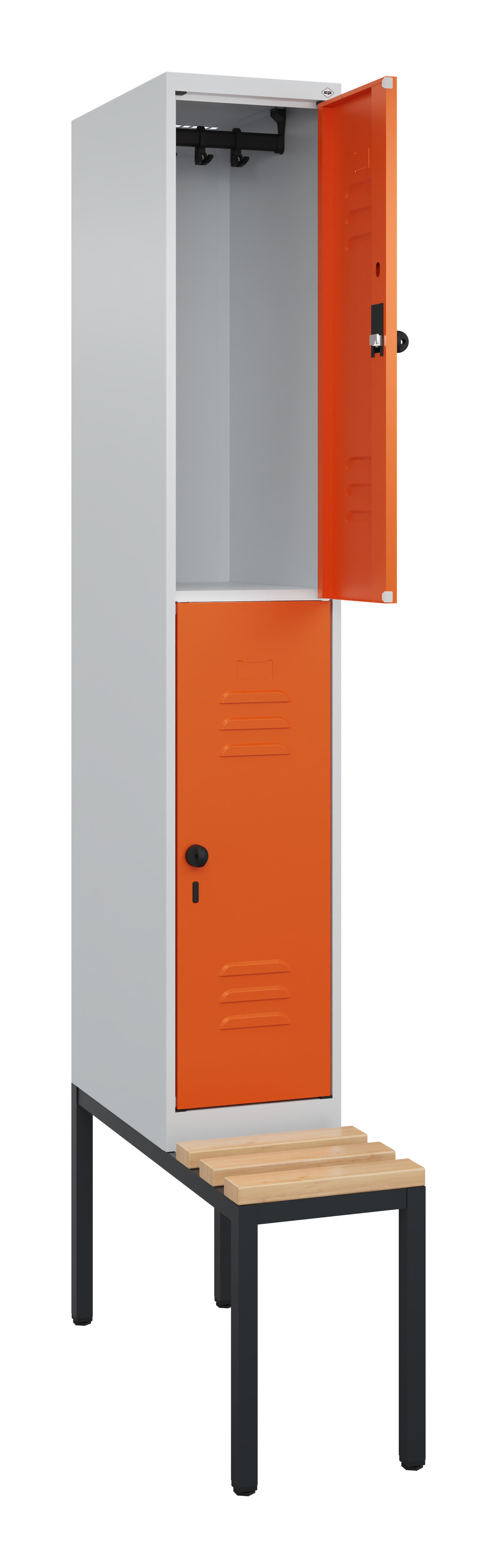 Doppelstock-Spind Classic Plus, Bank, 2 Fächer, 2120x300x815mm Doppelstock-Spind Classic Plus, Bank, 2 Fächer, 2120x300x815mm