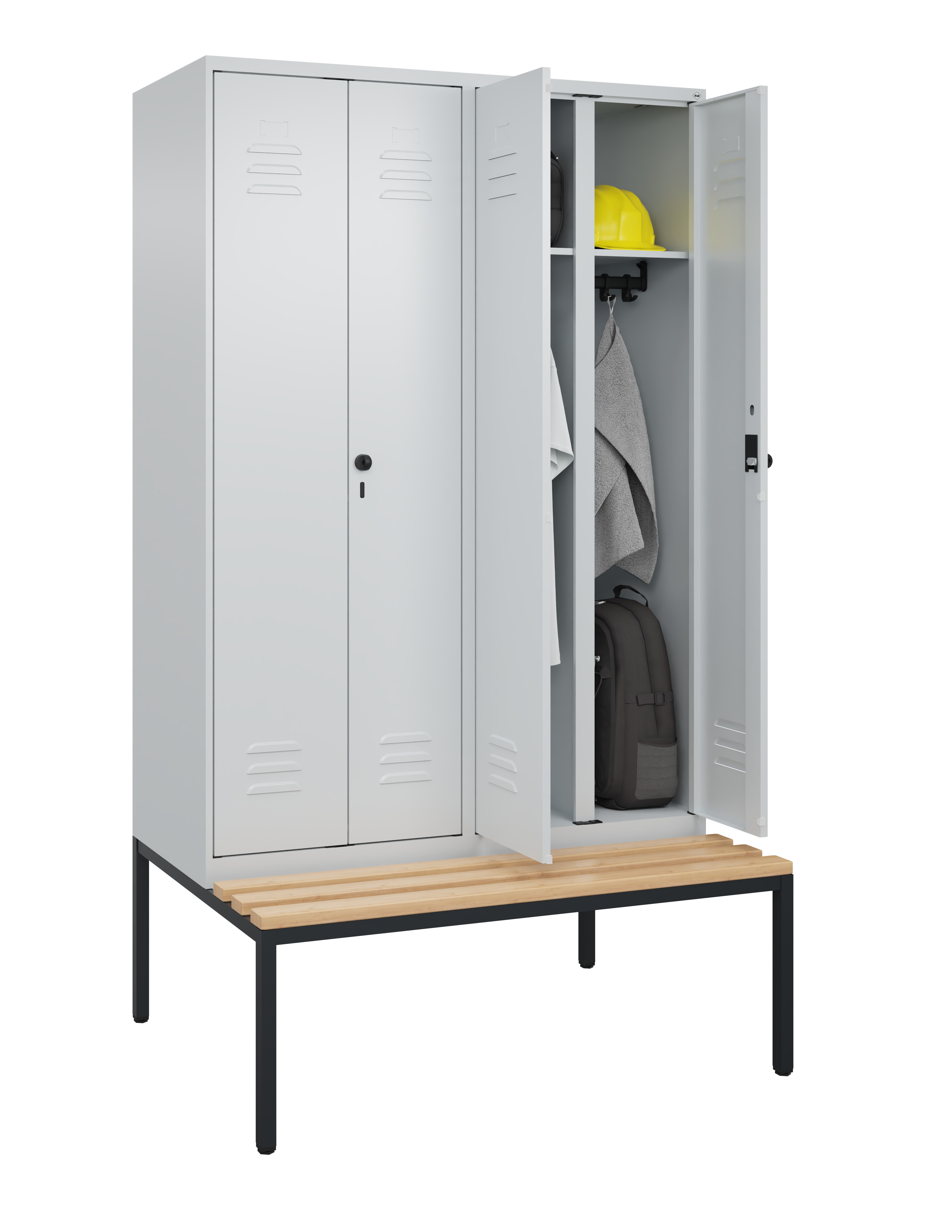 Schwarz-Weiß-Spind Classic Plus, Bank, 4 Abteile, 2120x1200x815mm