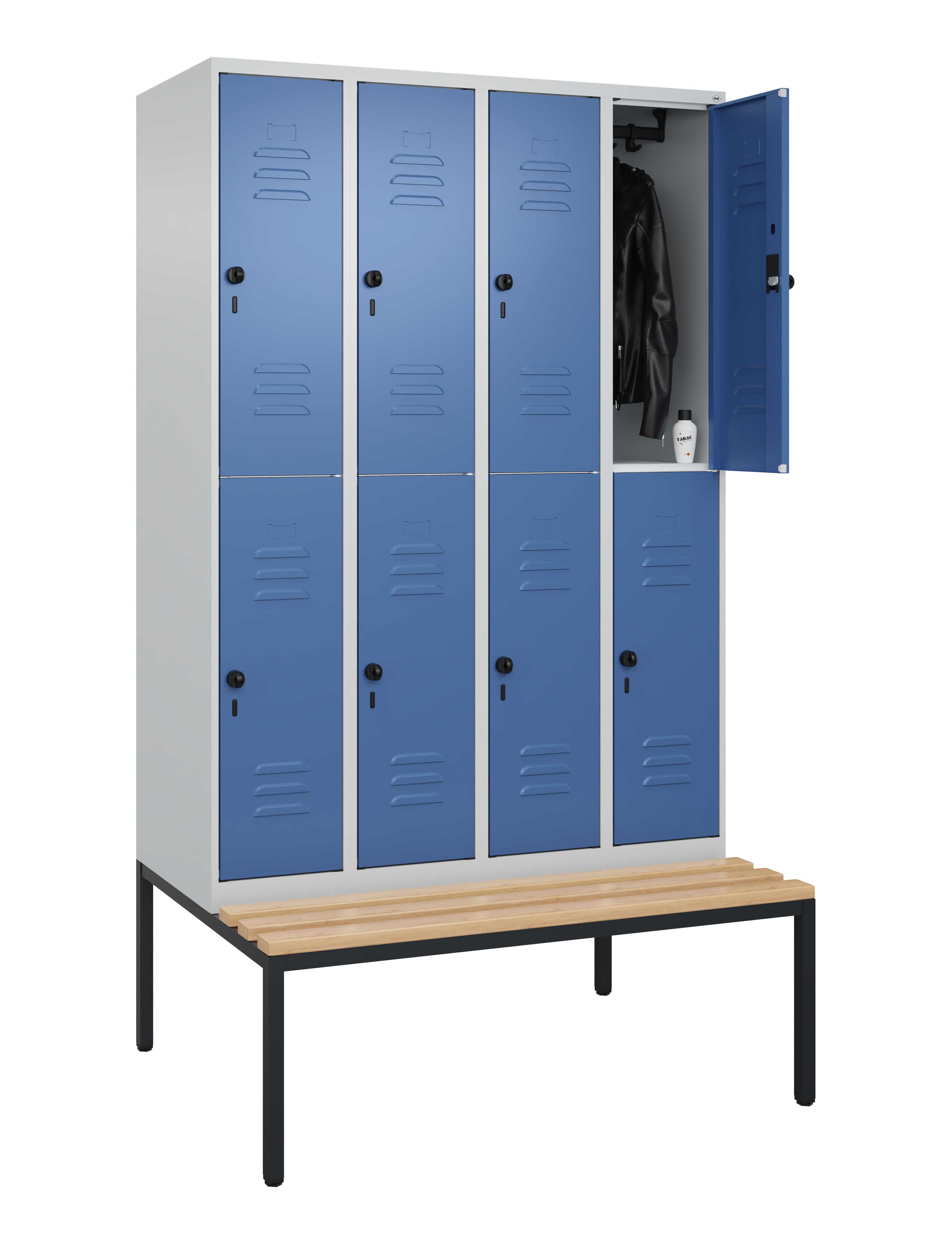 Doppelstock-Spind Classic Plus, Bank, 8 Fächer, 2120x1200x815mm Doppelstock-Spind Classic Plus, Bank, 8 Fächer, 2120x1200x815mm