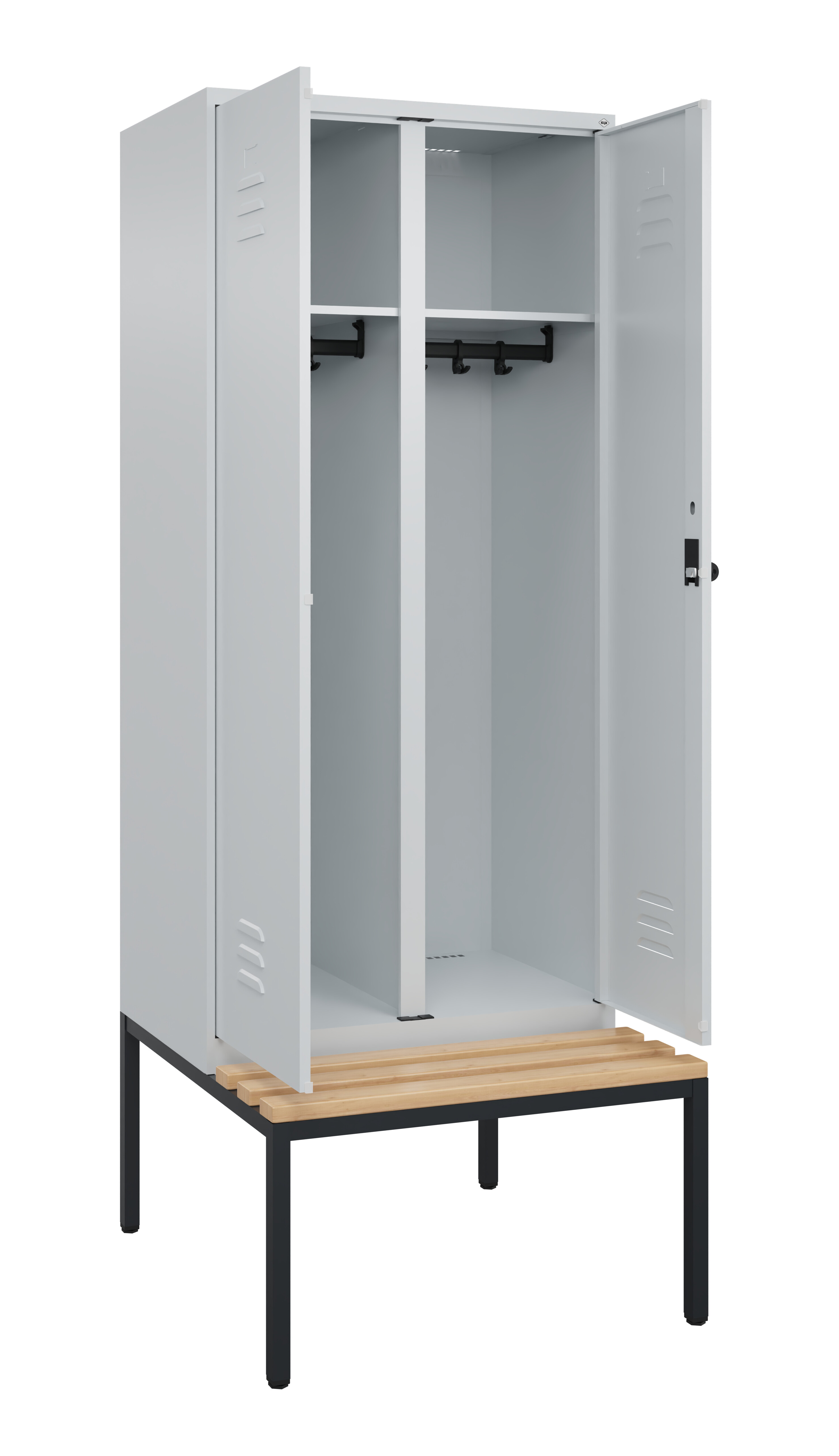 Schwarz-Weiß-Spind Classic Plus, Bank, 2 Abteile, 2120x800x815mm Schwarz-Weiß-Spind Classic Plus, Bank, 2 Abteile, 2120x800x815mm