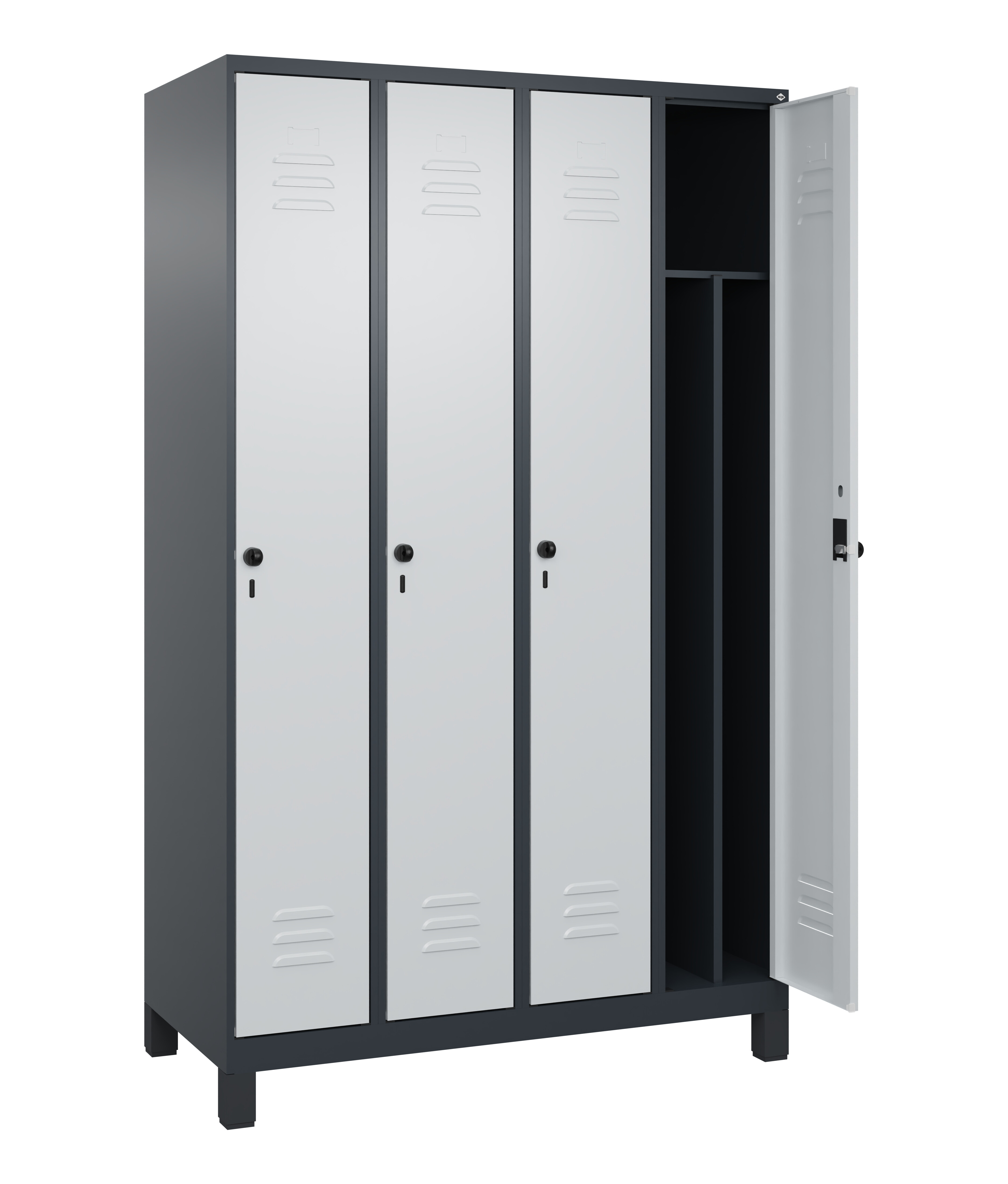 Spind Classic Plus, Füße, 4 Abteile, 1950x1200x500mm Spind Classic Plus, Füße, 4 Abteile, 1950x1200x500mm