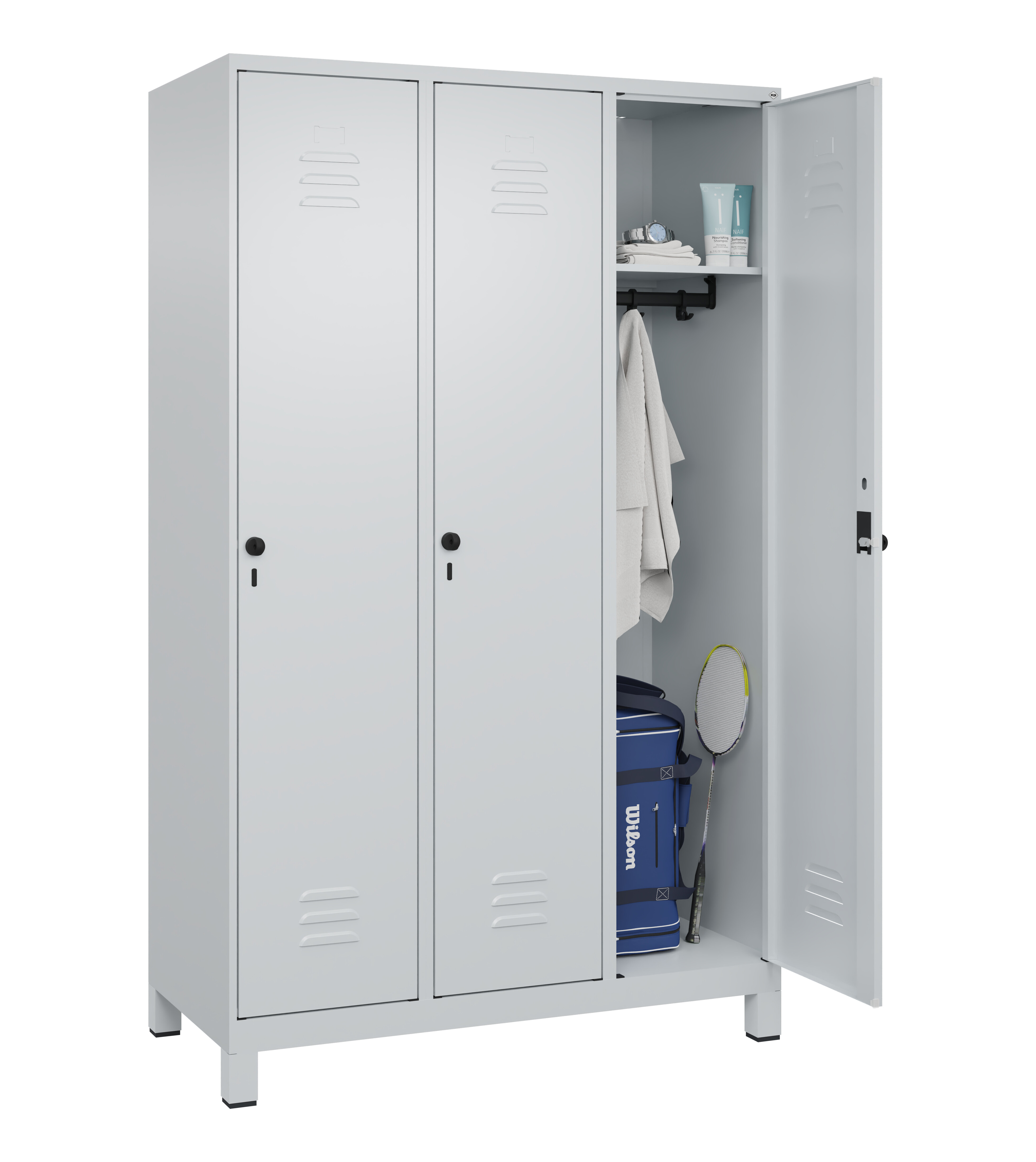 Spind Classic Plus, Füße, 3 Abteile, 1950x1200x500mm Spind Classic Plus, Füße, 3 Abteile, 1950x1200x500mm