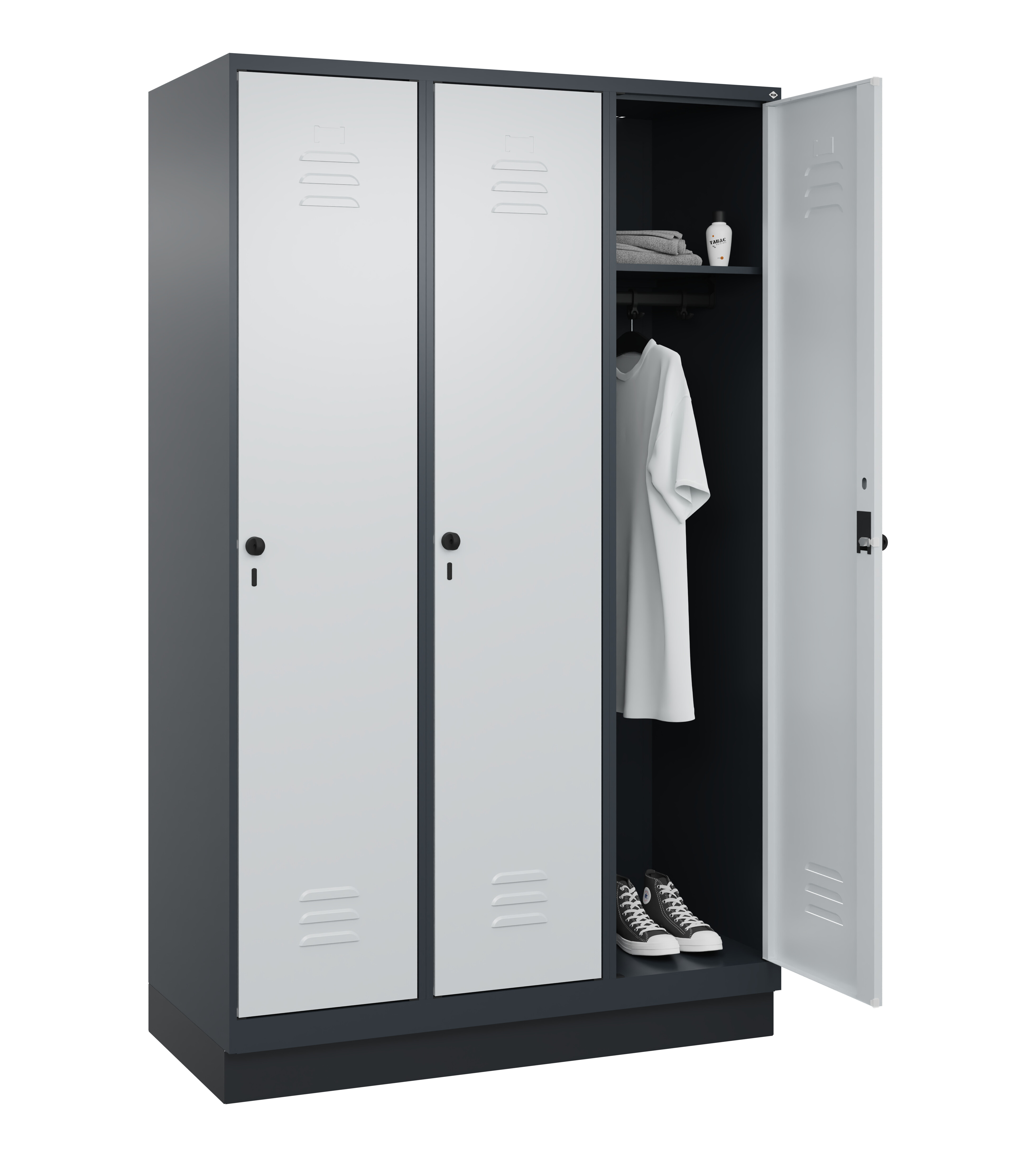 Spind Classic Plus, Sockel, 3 Abteile, 1950x1200x500mm Spind Classic Plus, Sockel, 3 Abteile, 1950x1200x500mm