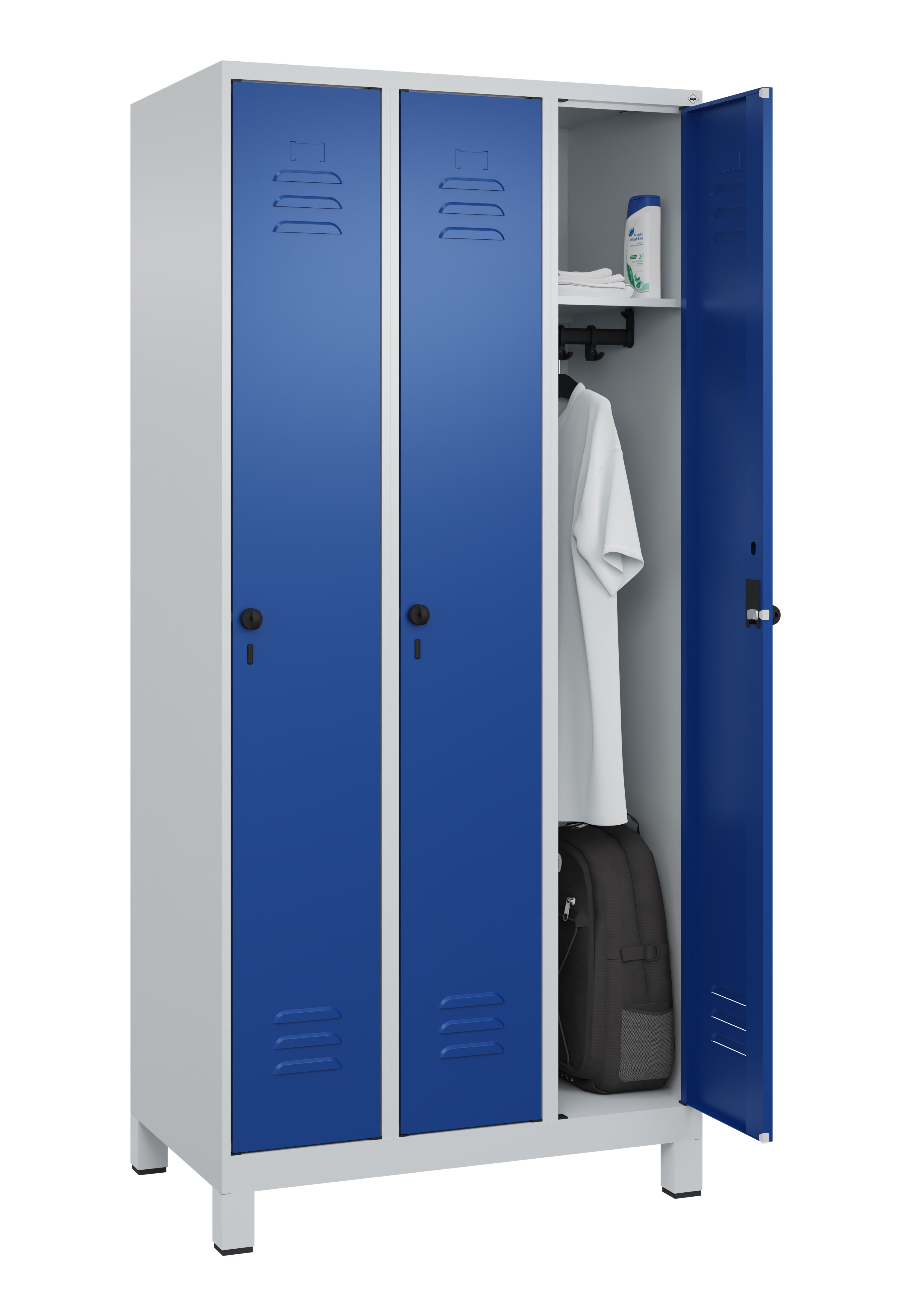 Spind Classic Plus, Füße, 3 Abteile, 1950x900x500mm Spind Classic Plus, Füße, 3 Abteile, 1950x900x500mm