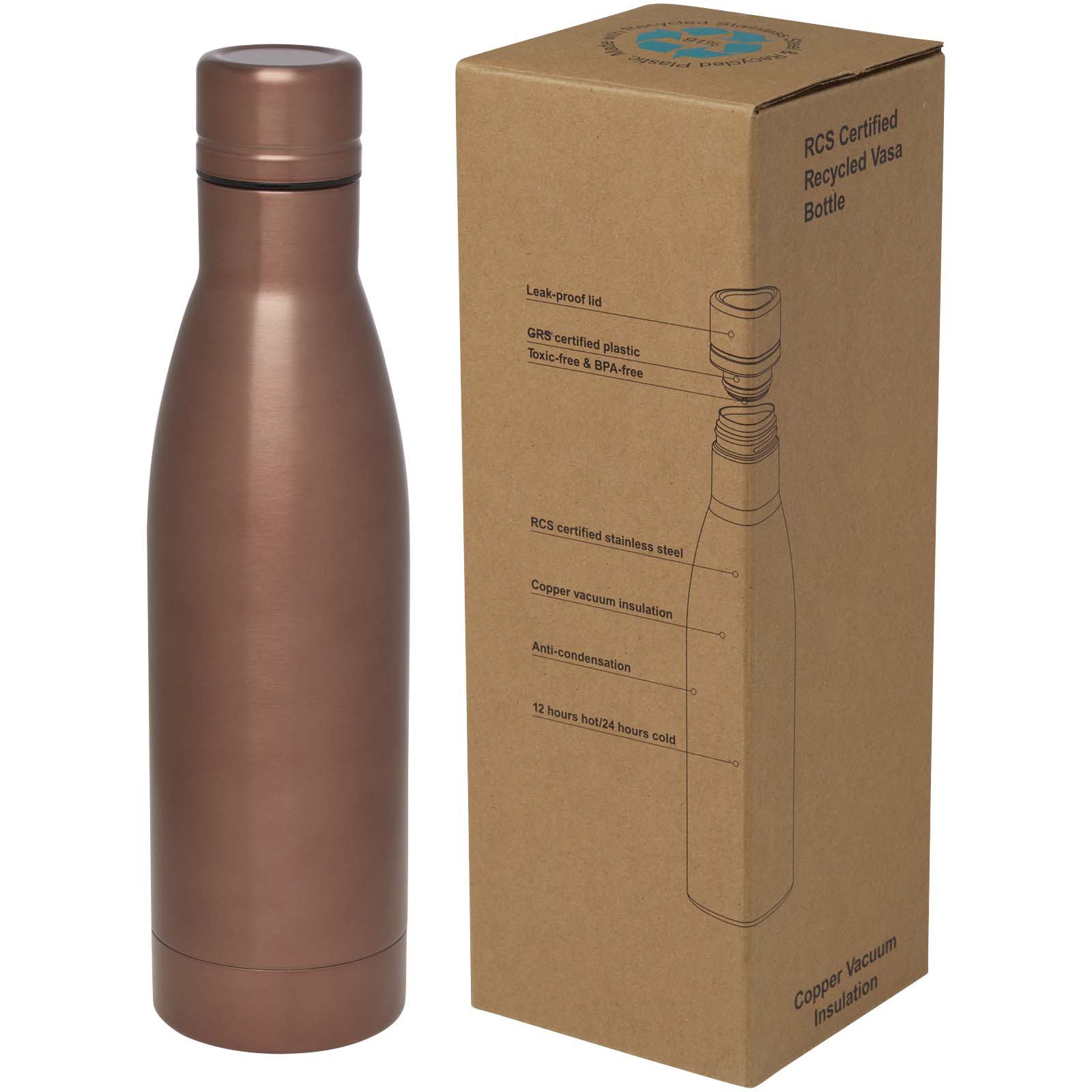 Vasa RCS-zertifizierte Kupfer-Vakuum Isolierflasche aus recyceltem Edelstahl, 500 ml Vasa RCS-zertifizierte Kupfer-Vakuum Isolierflasche aus recyceltem Edelstahl, 500 ml