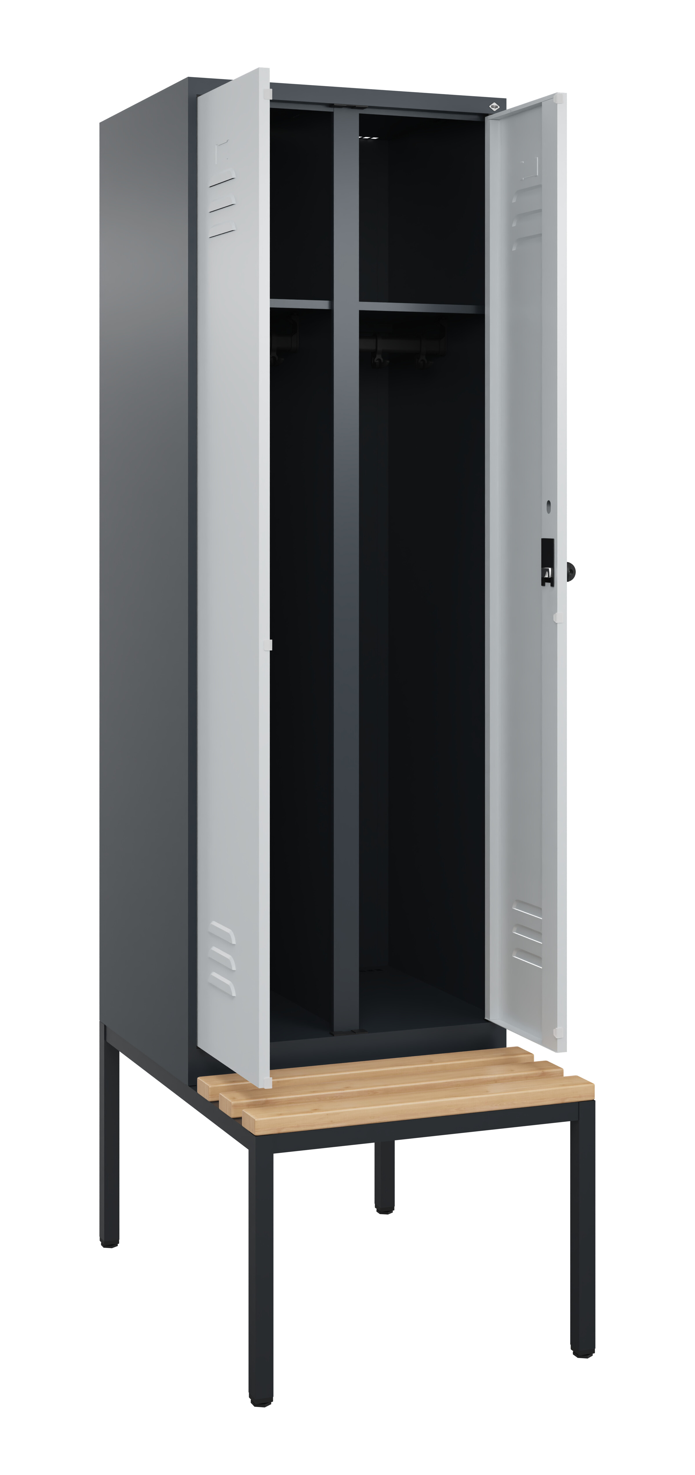 Schwarz-Weiß-Spind Classic Plus, Bank, 2 Abteile, 2120x600x815mm Schwarz-Weiß-Spind Classic Plus, Bank, 2 Abteile, 2120x600x815mm