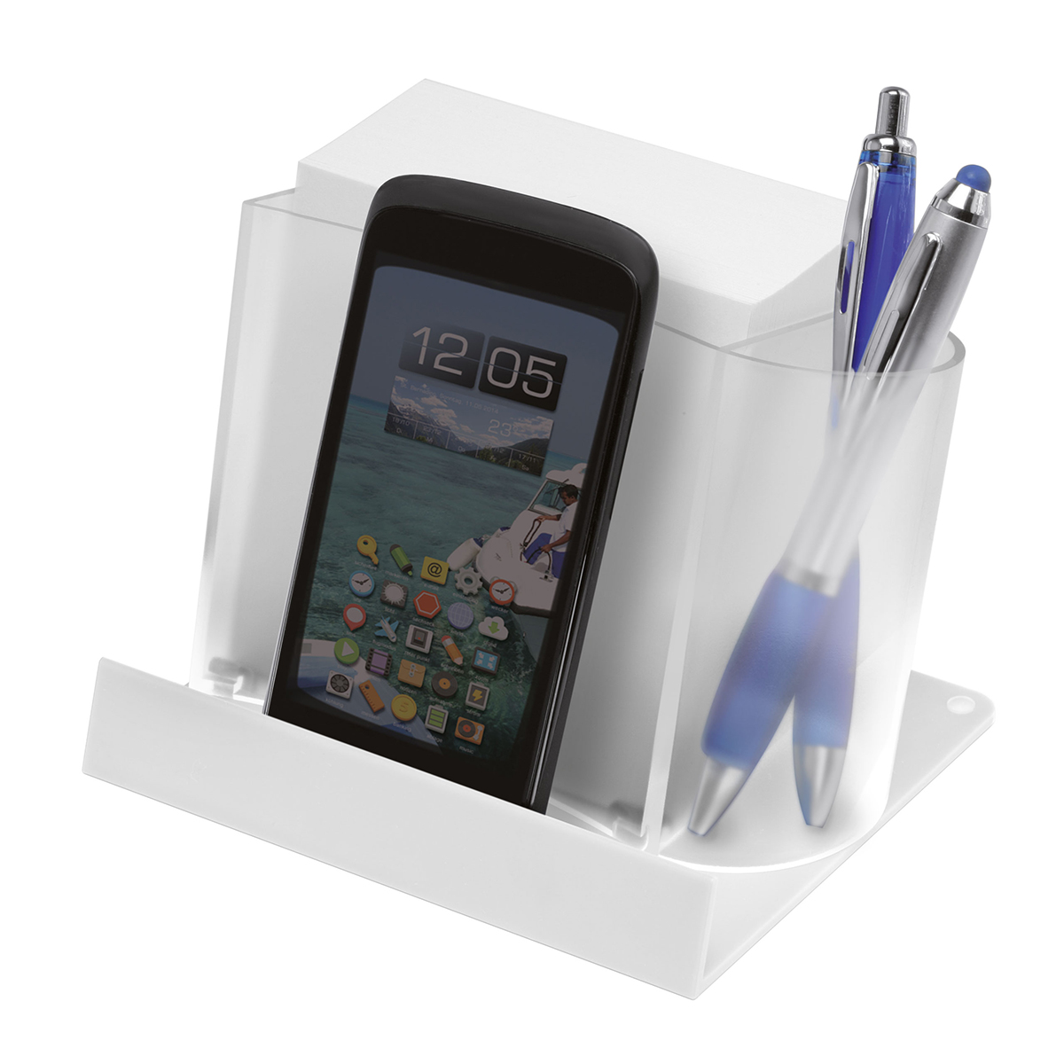 Smartphone--Tabletständer mit Zettelbox und Köcher