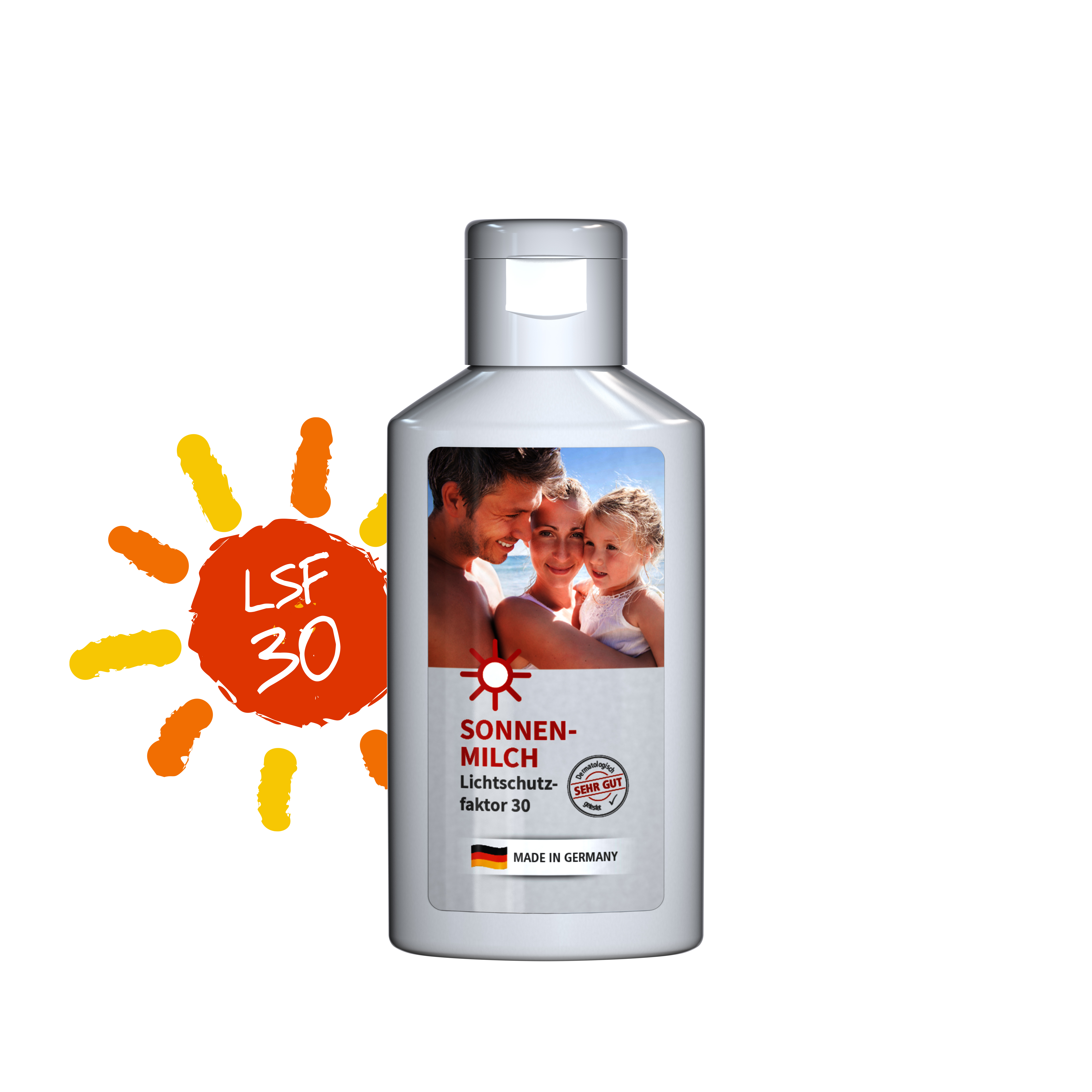 50 ml Flasche weiß - Sonnenmilch LSF 30 - Body Label