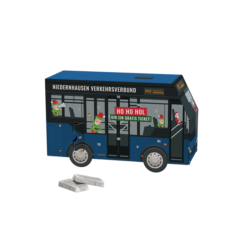 Adventskalender Bus Schokotäfelchen in Pergamin-Papier Adventskalender Bus Schokotäfelchen in Pergamin-Papier