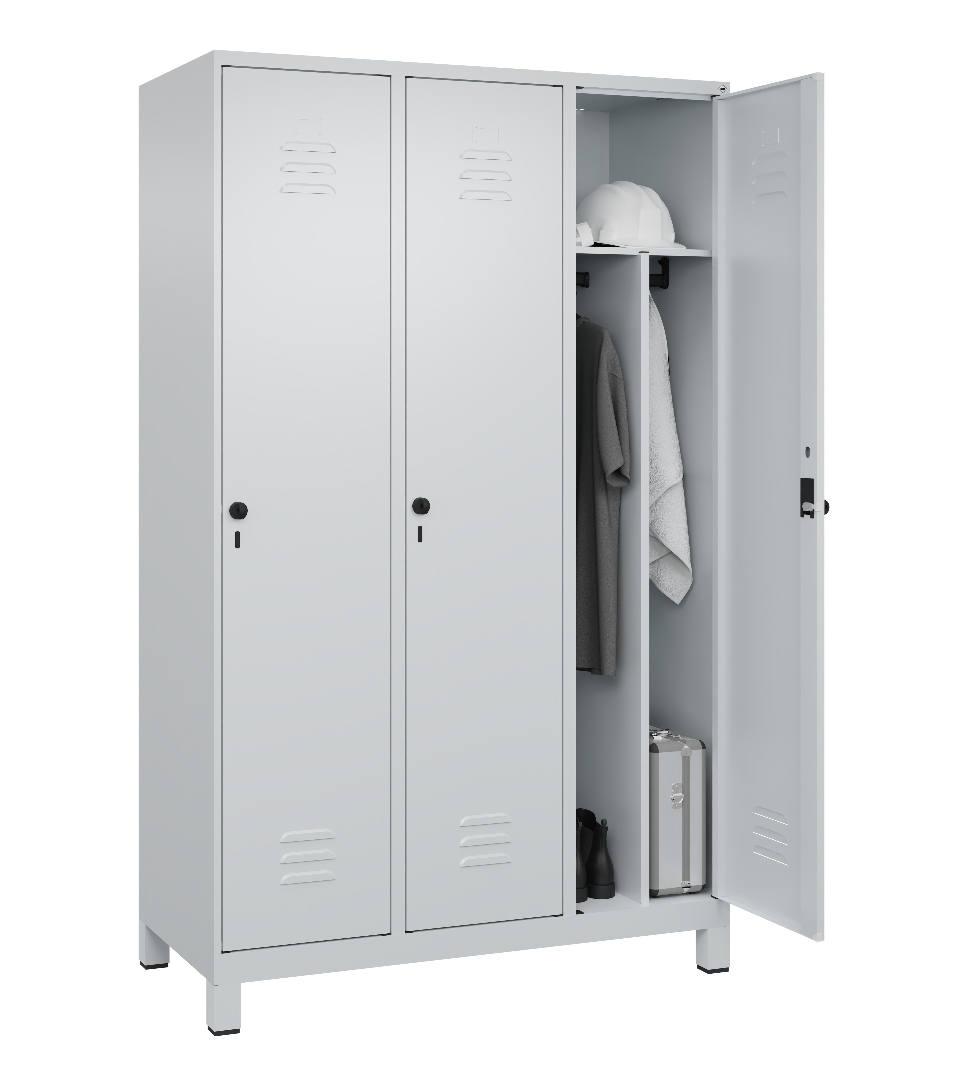 Spind Classic Plus, Füße, 3 Abteile, 1950x1200x500mm Spind Classic Plus, Füße, 3 Abteile, 1950x1200x500mm