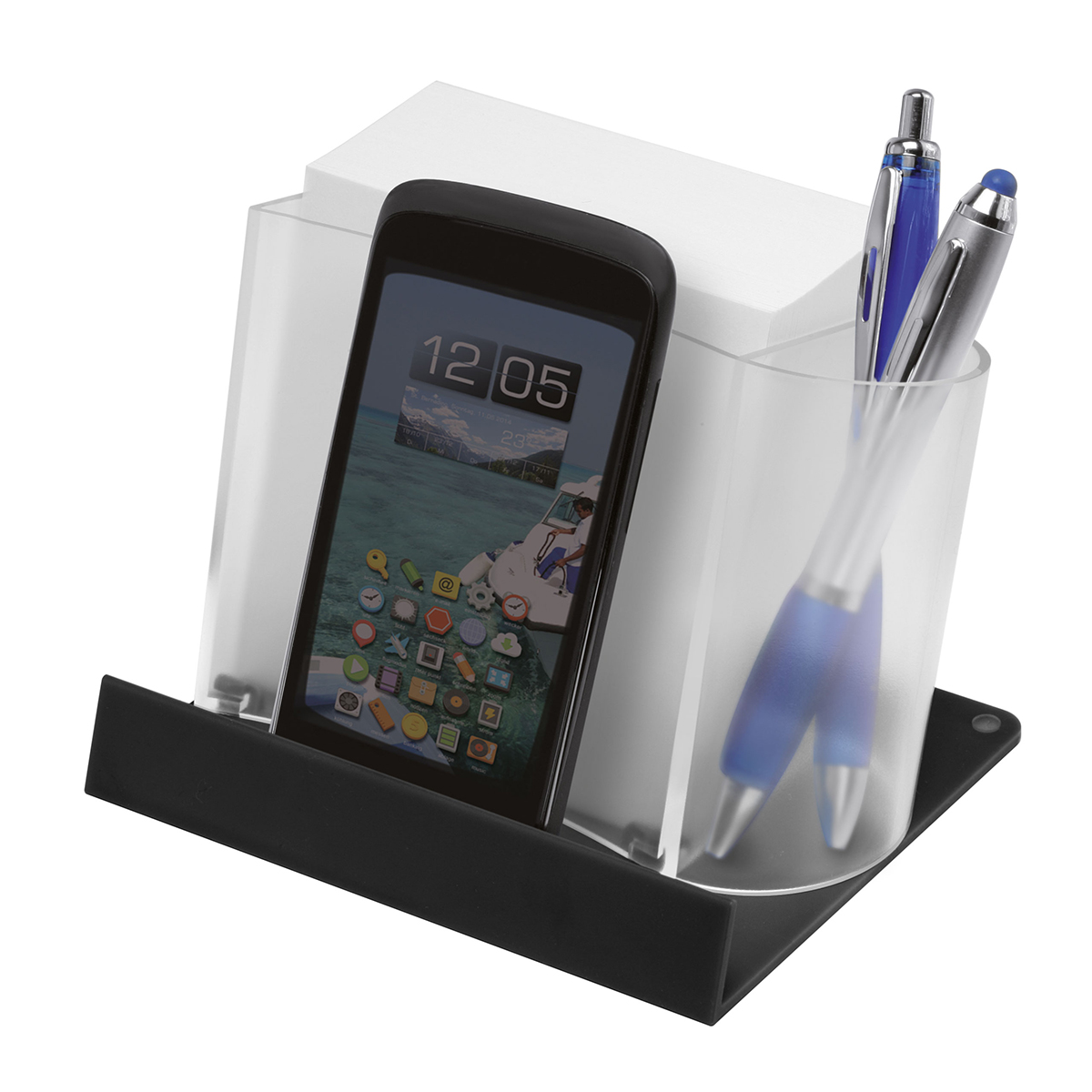 Smartphone--Tabletständer mit Zettelbox und Köcher