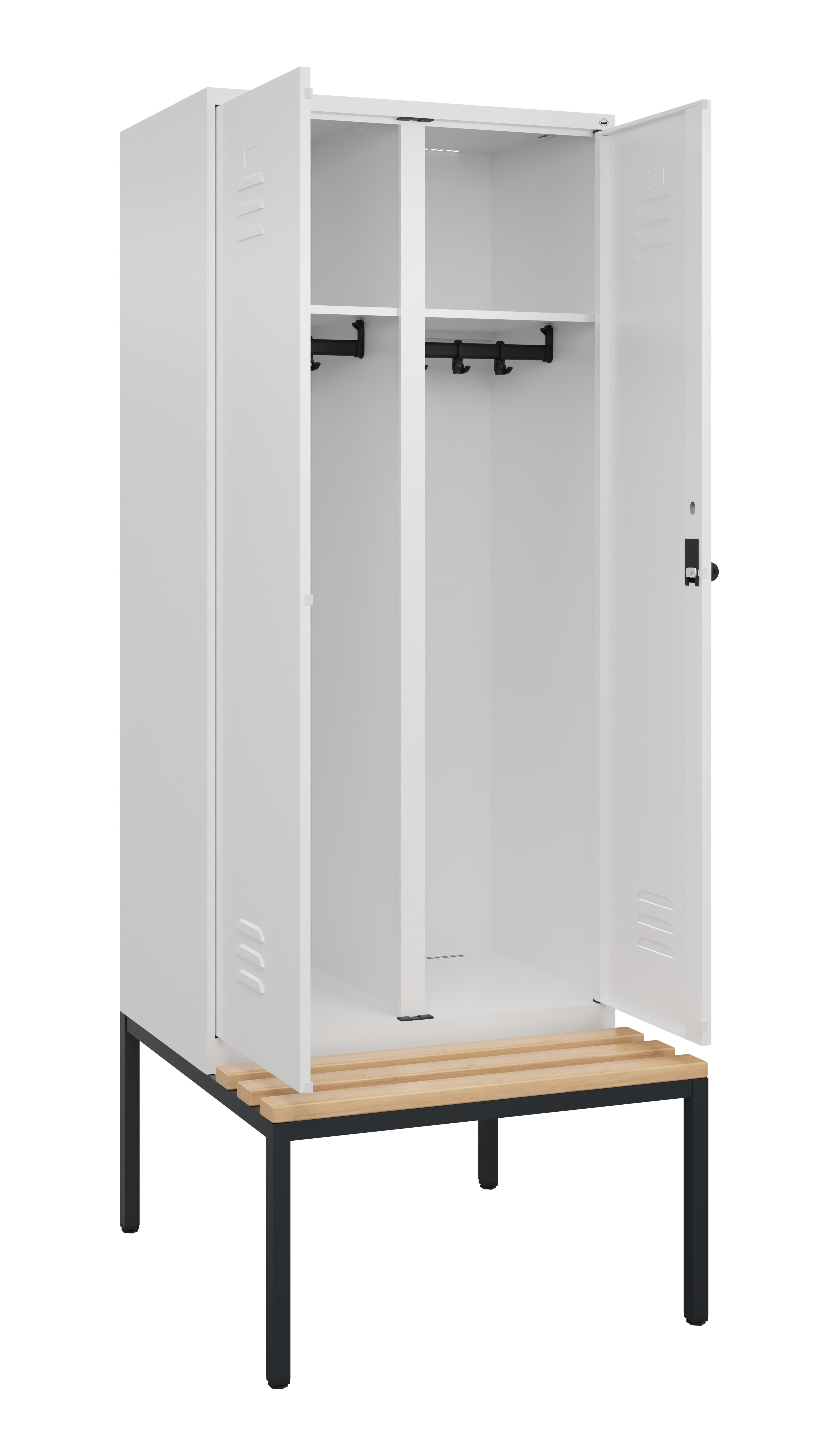 Schwarz-Weiß-Spind Classic Plus, Bank, 2 Abteile, 2120x800x815mm