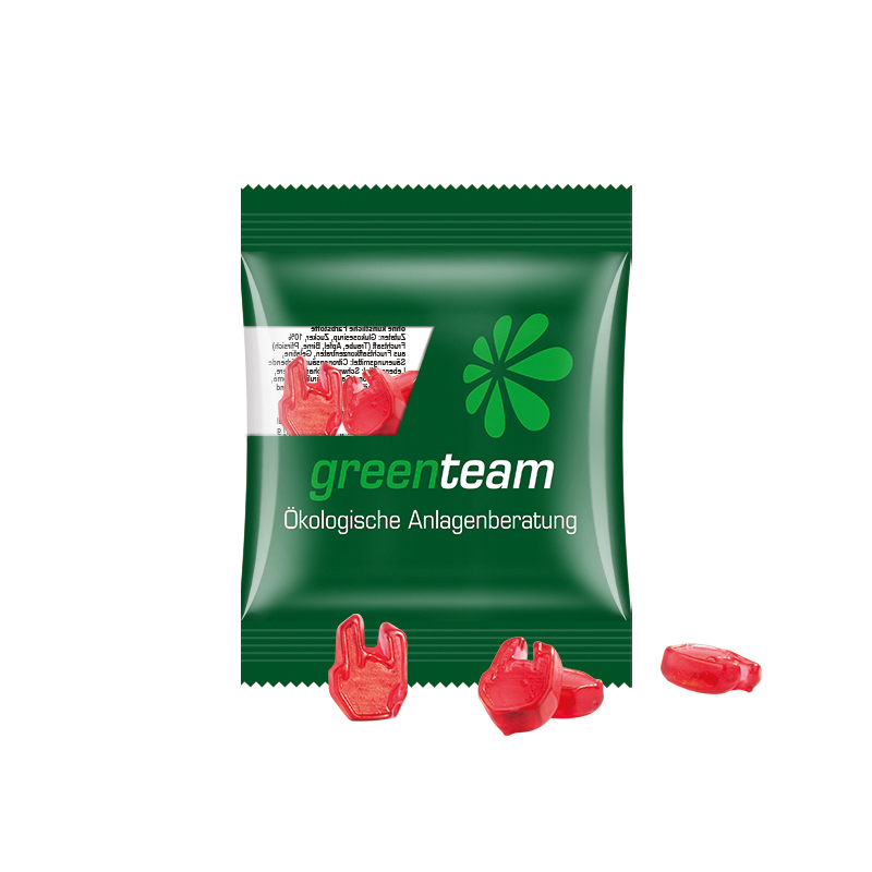 Minitüte Sonderform 10 g Folie kompostierbar transparent Fruchtgummi 10 % Fruchtsaftanteil Minitüte Sonderform 10 g Folie kompostierbar transparent Fruchtgummi 10 % Fruchtsaftanteil