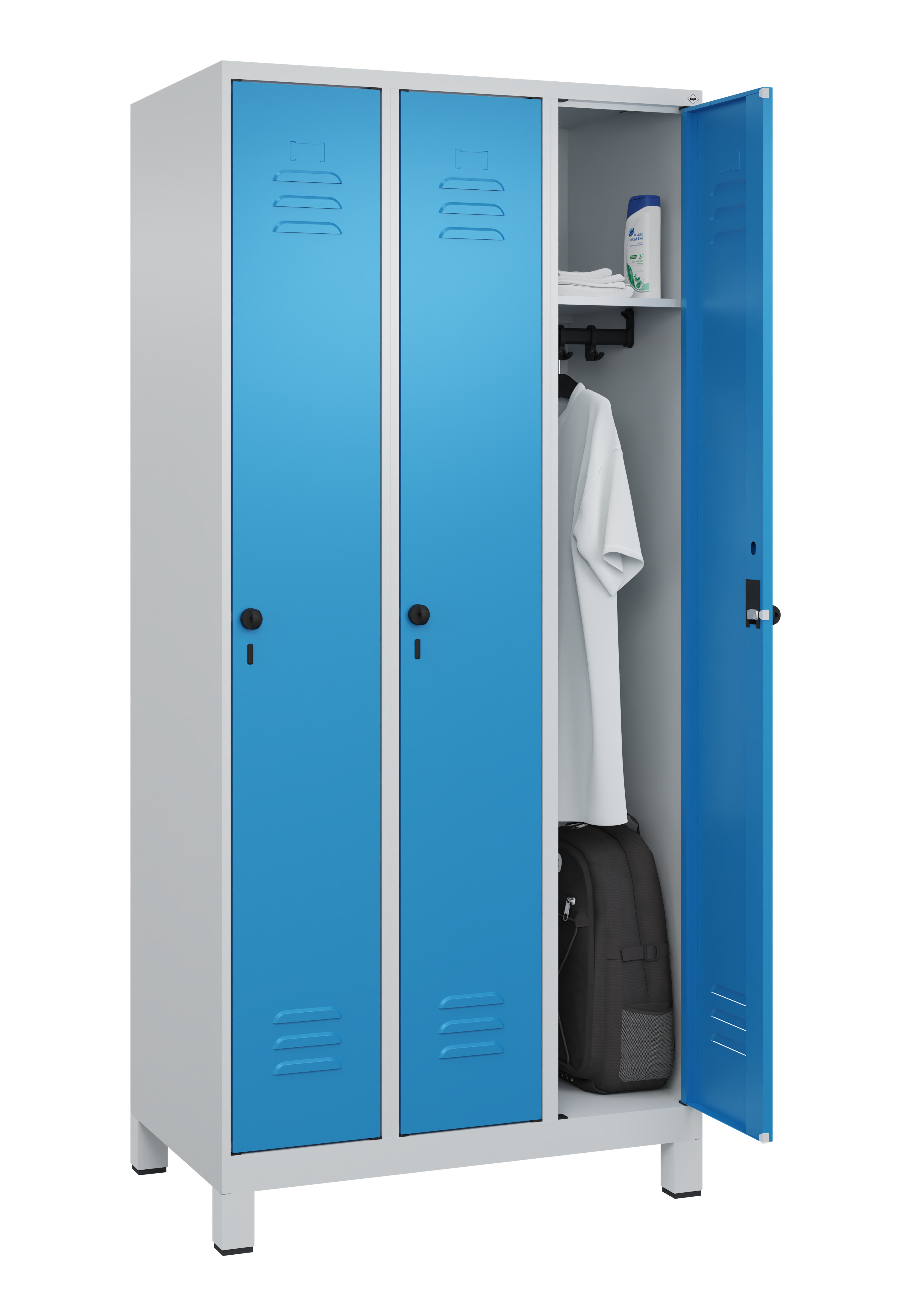 Spind Classic Plus, Füße, 3 Abteile, 1950x900x500mm Spind Classic Plus, Füße, 3 Abteile, 1950x900x500mm