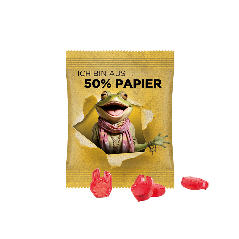 Minitüte Sonderform 15 g Folie mit ca. 50% Papieranteil weiß Fruchtgummi 10 % Fruchtsaftanteil Minitüte Sonderform 15 g Folie mit ca. 50% Papieranteil weiß Fruchtgummi 10 % Fruchtsaftanteil