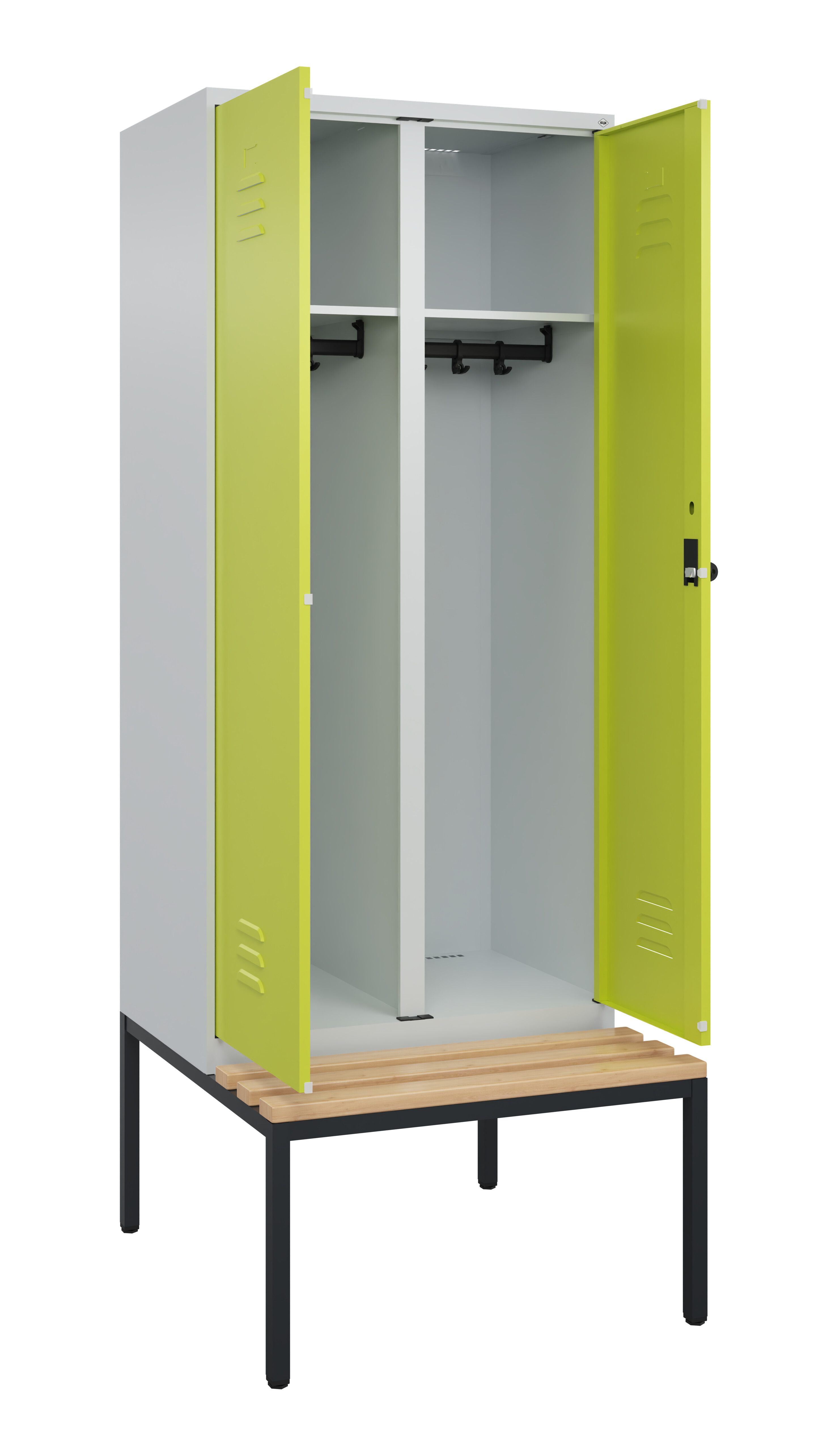 Schwarz-Weiß-Spind Classic Plus, Bank, 2 Abteile, 2120x800x815mm Schwarz-Weiß-Spind Classic Plus, Bank, 2 Abteile, 2120x800x815mm