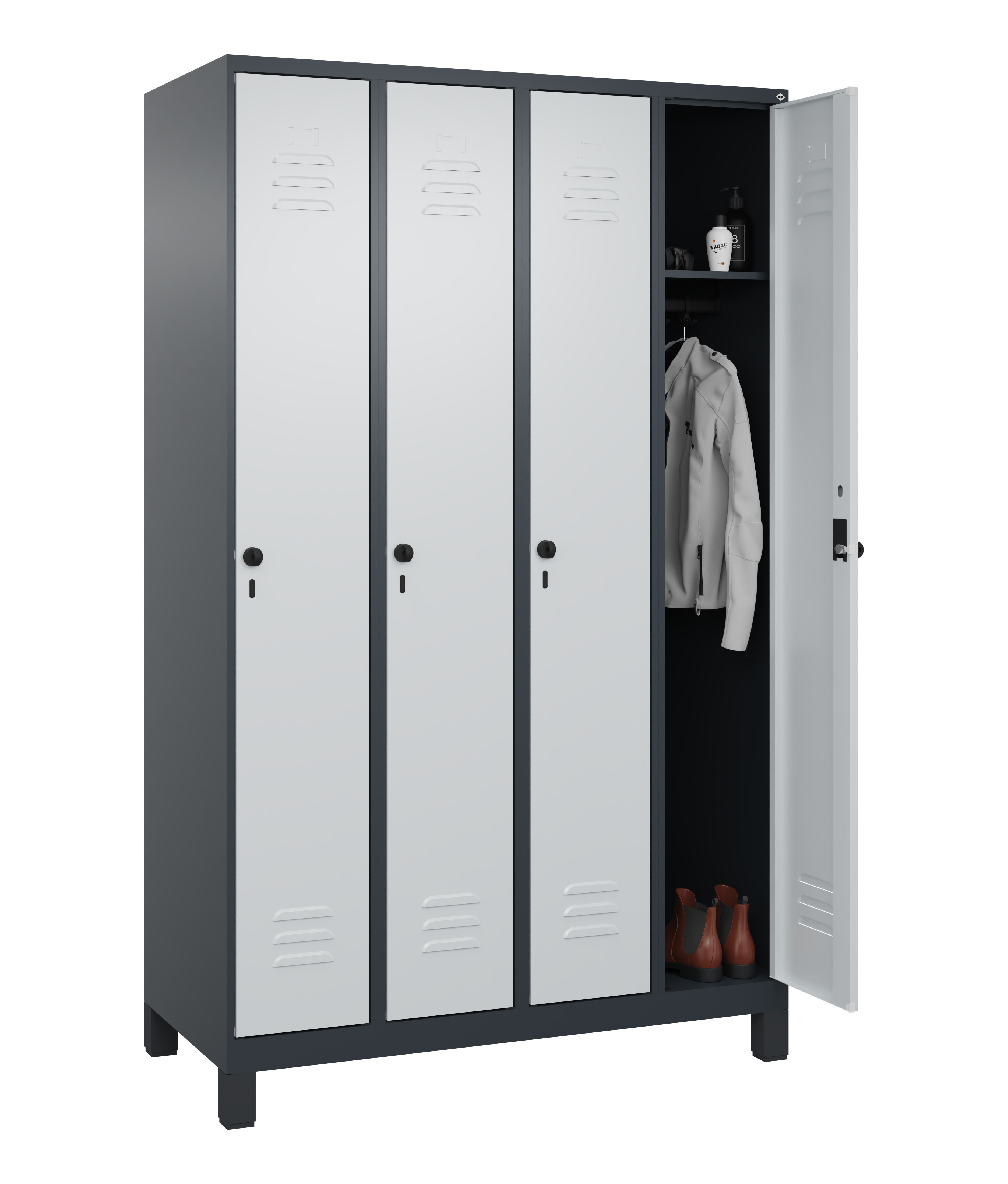 Spind Classic Plus, Füße, 4 Abteile, 1950x1200x500mm Spind Classic Plus, Füße, 4 Abteile, 1950x1200x500mm