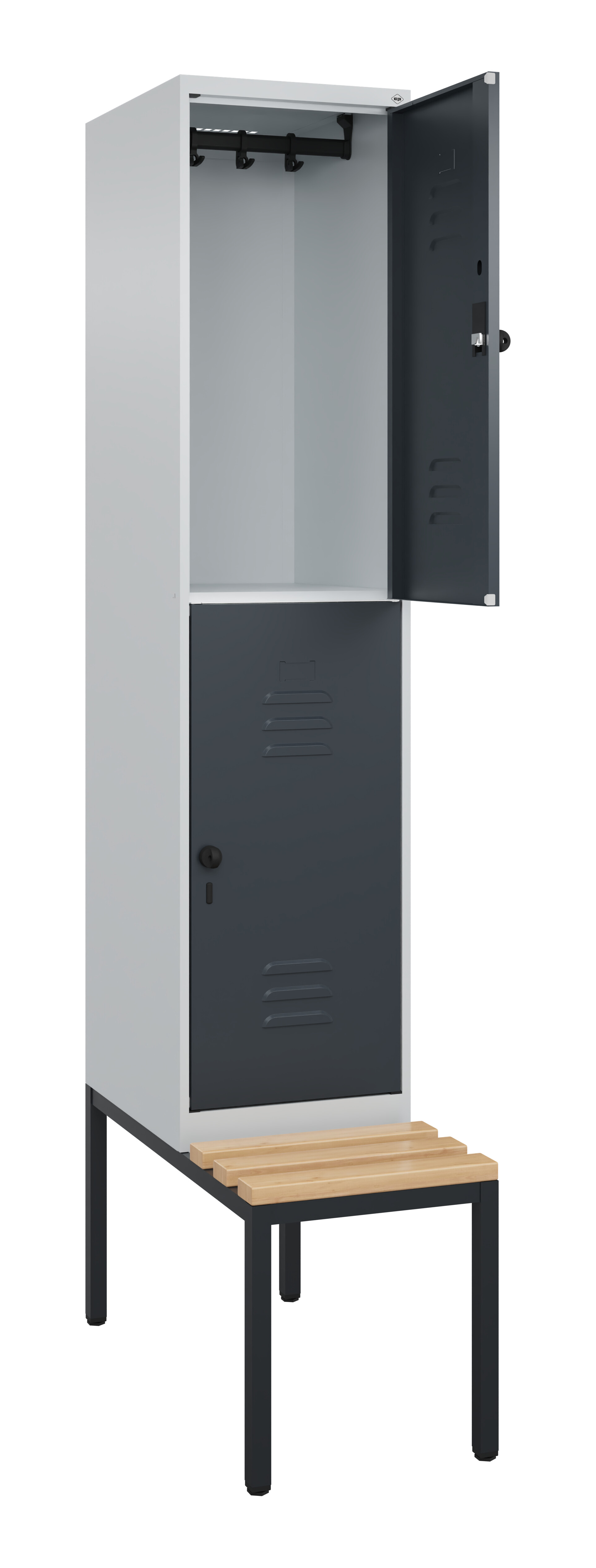 Doppelstock-Spind Classic Plus, Bank, 2 Fächer, 2120x400x815mm Doppelstock-Spind Classic Plus, Bank, 2 Fächer, 2120x400x815mm