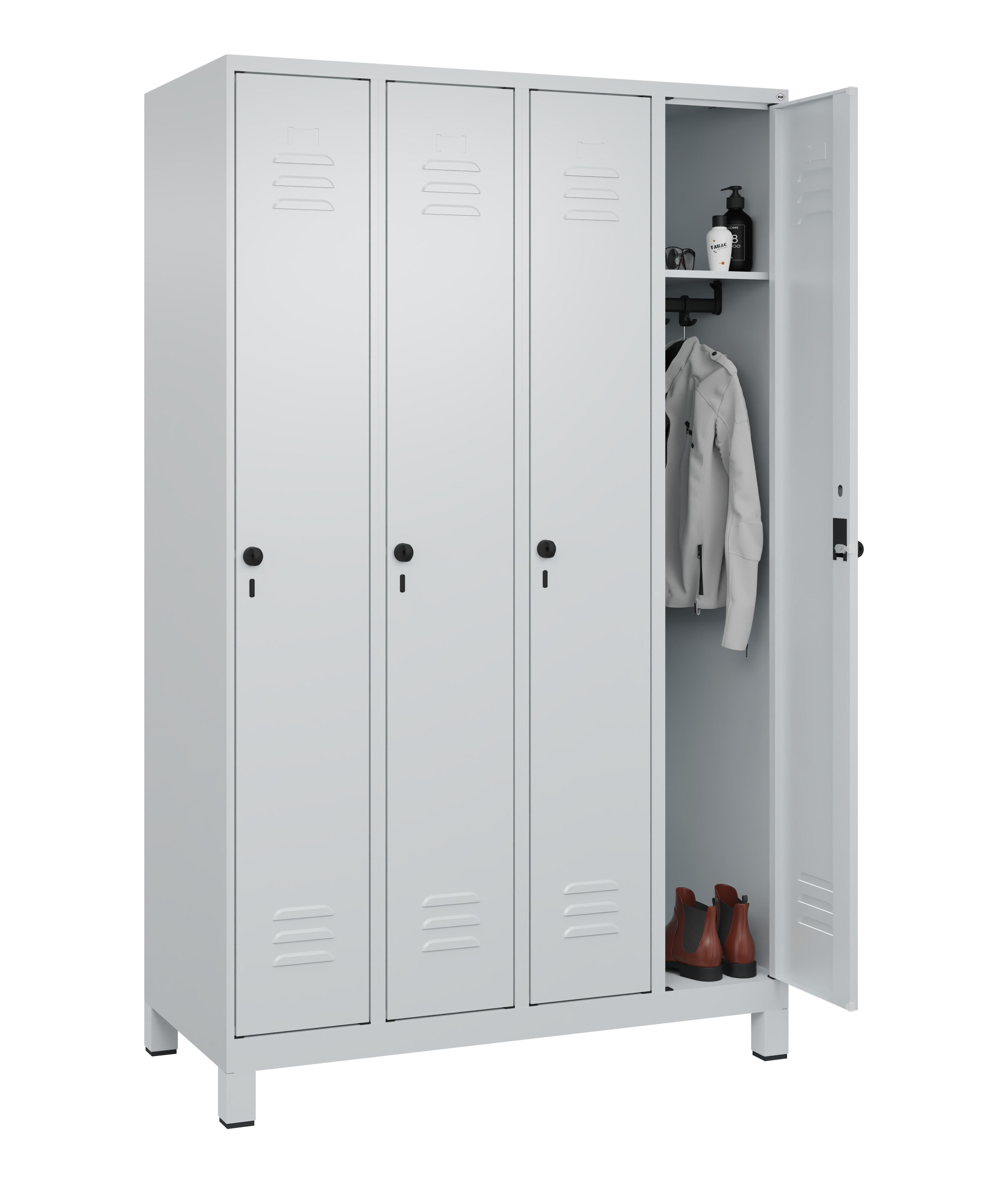 Spind Classic Plus, Füße, 4 Abteile, 1950x1200x500mm Spind Classic Plus, Füße, 4 Abteile, 1950x1200x500mm