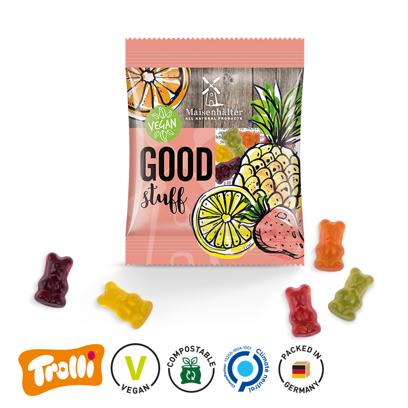 Minitüte 12 g kompostierbare Folie transparent Trolli Vegane Gummibärchen 14% Fruchtsaft