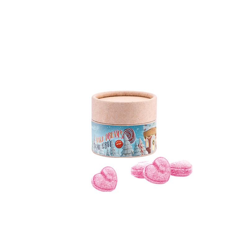 Papierdose Eco Mini Glühweinherzen-Bonbons Papierdose Eco Mini Glühweinherzen-Bonbons