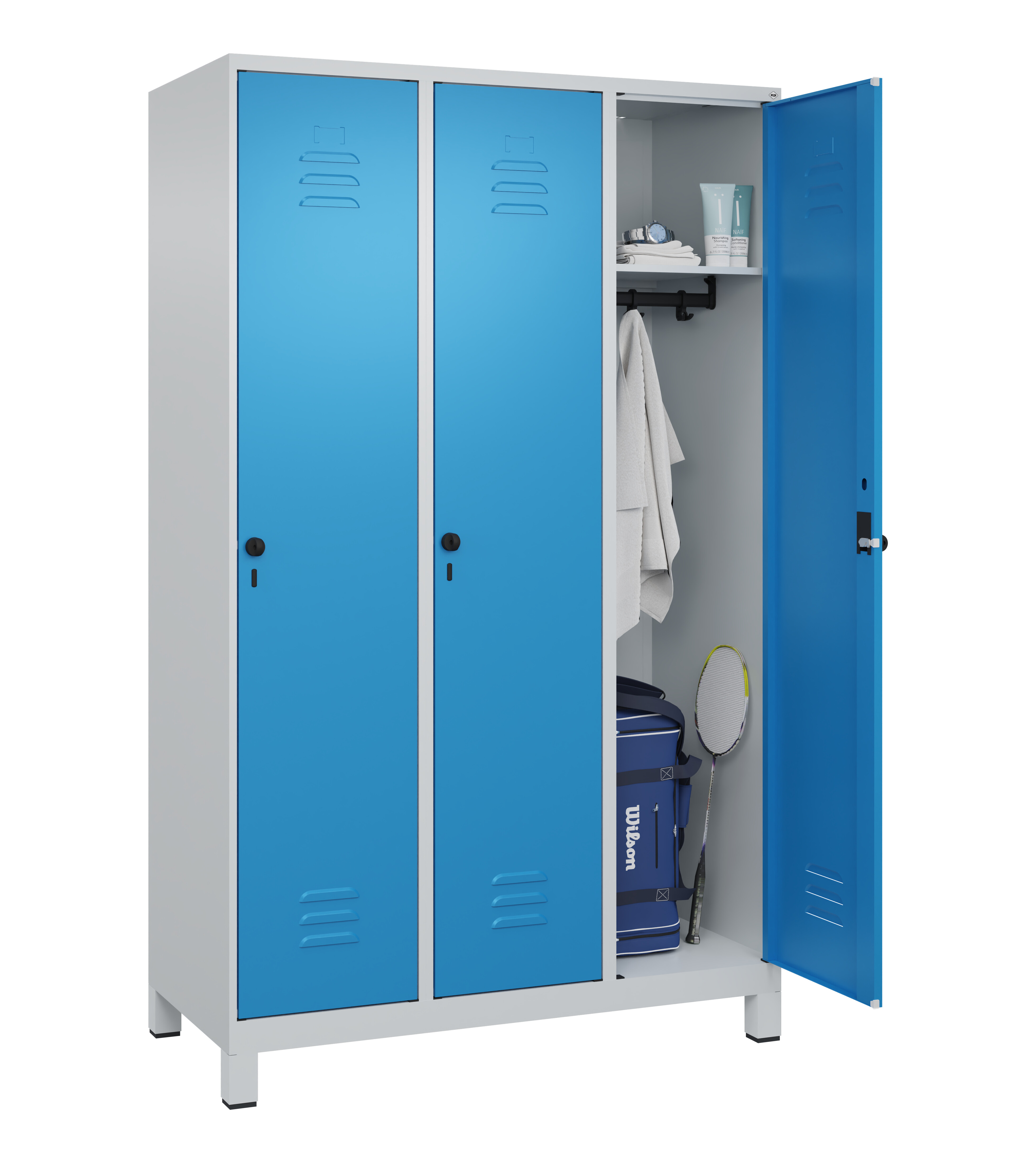 Spind Classic Plus, Füße, 3 Abteile, 1950x1200x500mm Spind Classic Plus, Füße, 3 Abteile, 1950x1200x500mm