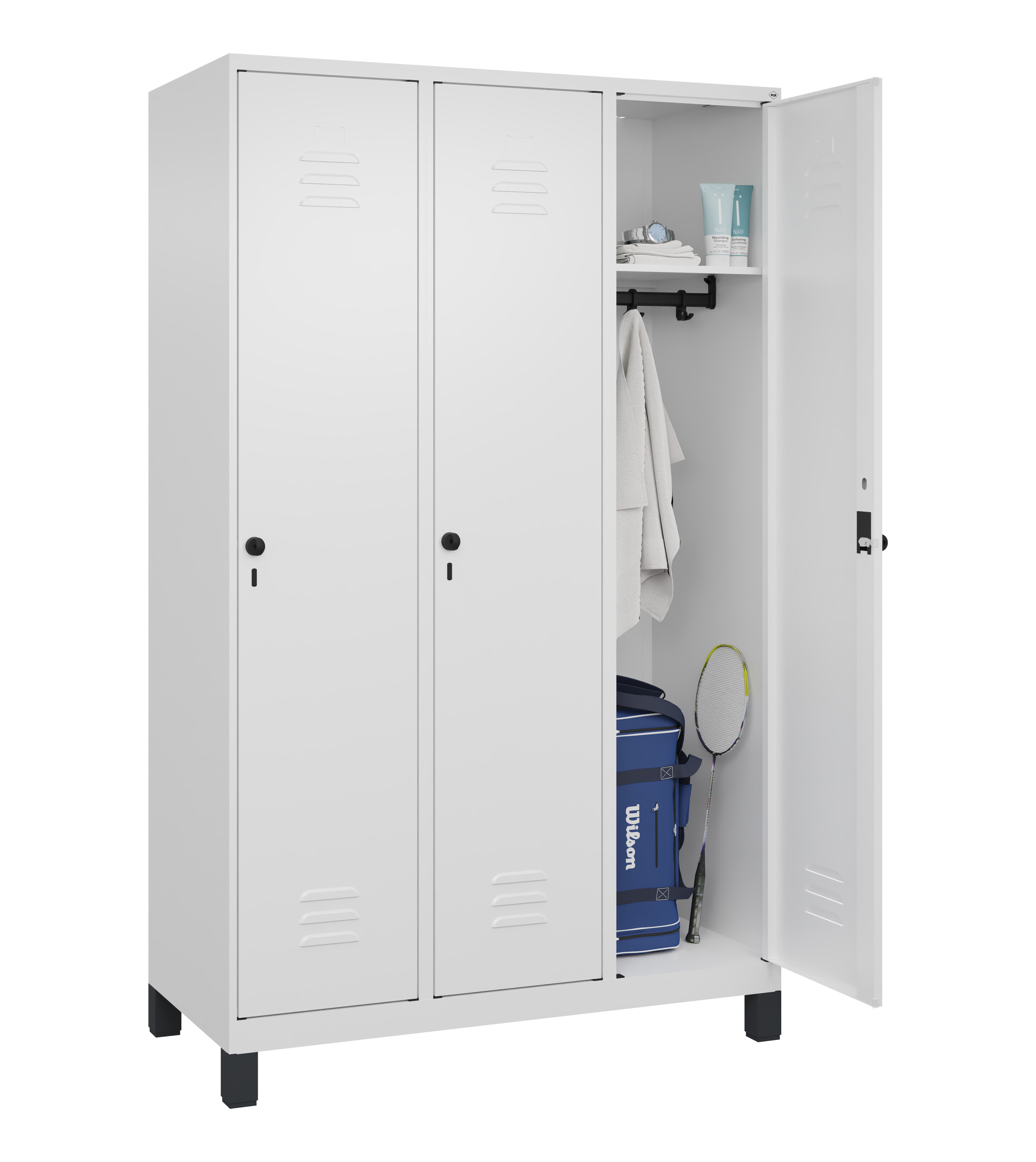 Spind Classic Plus, Füße, 3 Abteile, 1950x1200x500mm Spind Classic Plus, Füße, 3 Abteile, 1950x1200x500mm