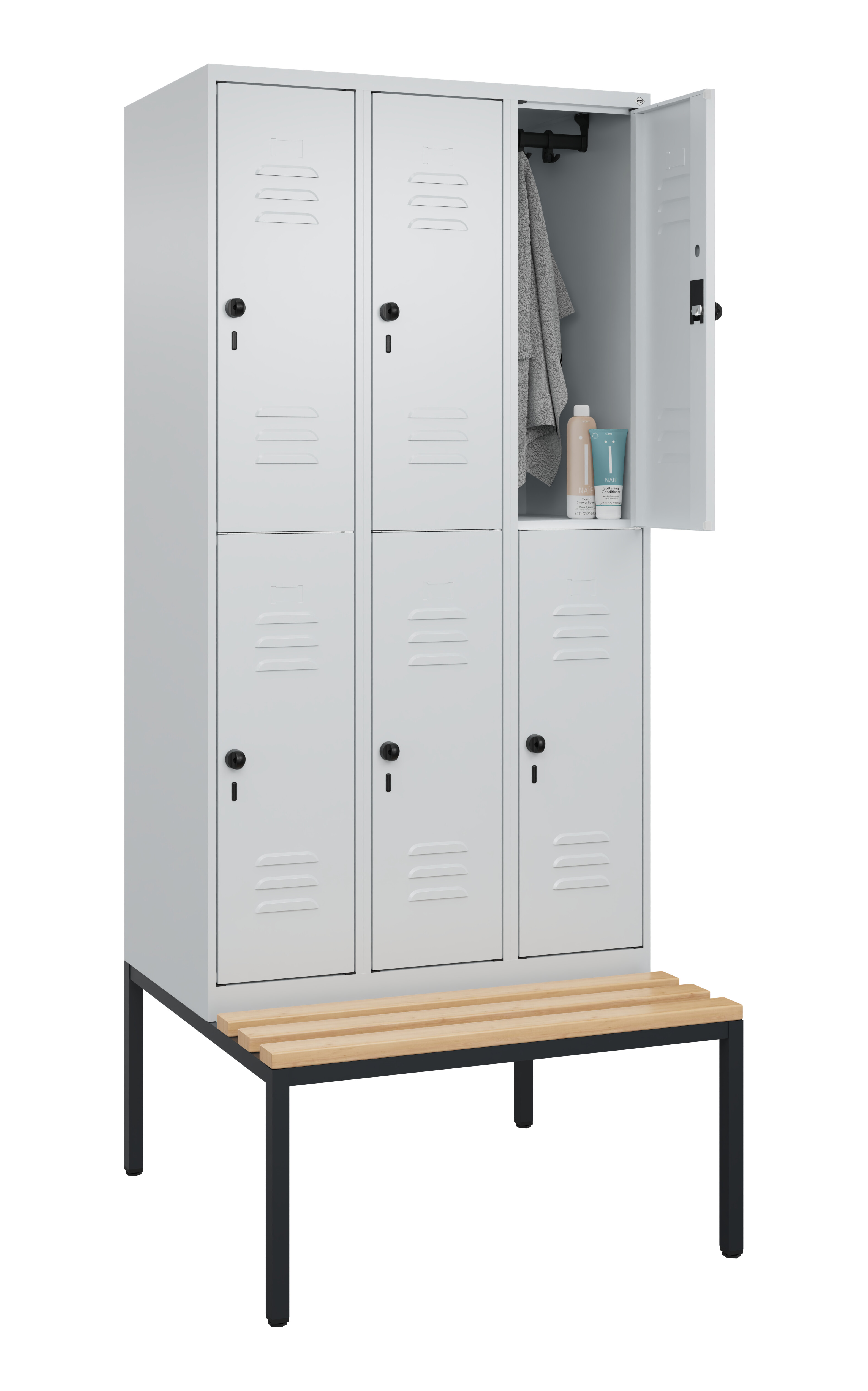 Doppelstock-Spind Classic Plus, Bank, 6 Fächer, 2120x900x815mm Doppelstock-Spind Classic Plus, Bank, 6 Fächer, 2120x900x815mm