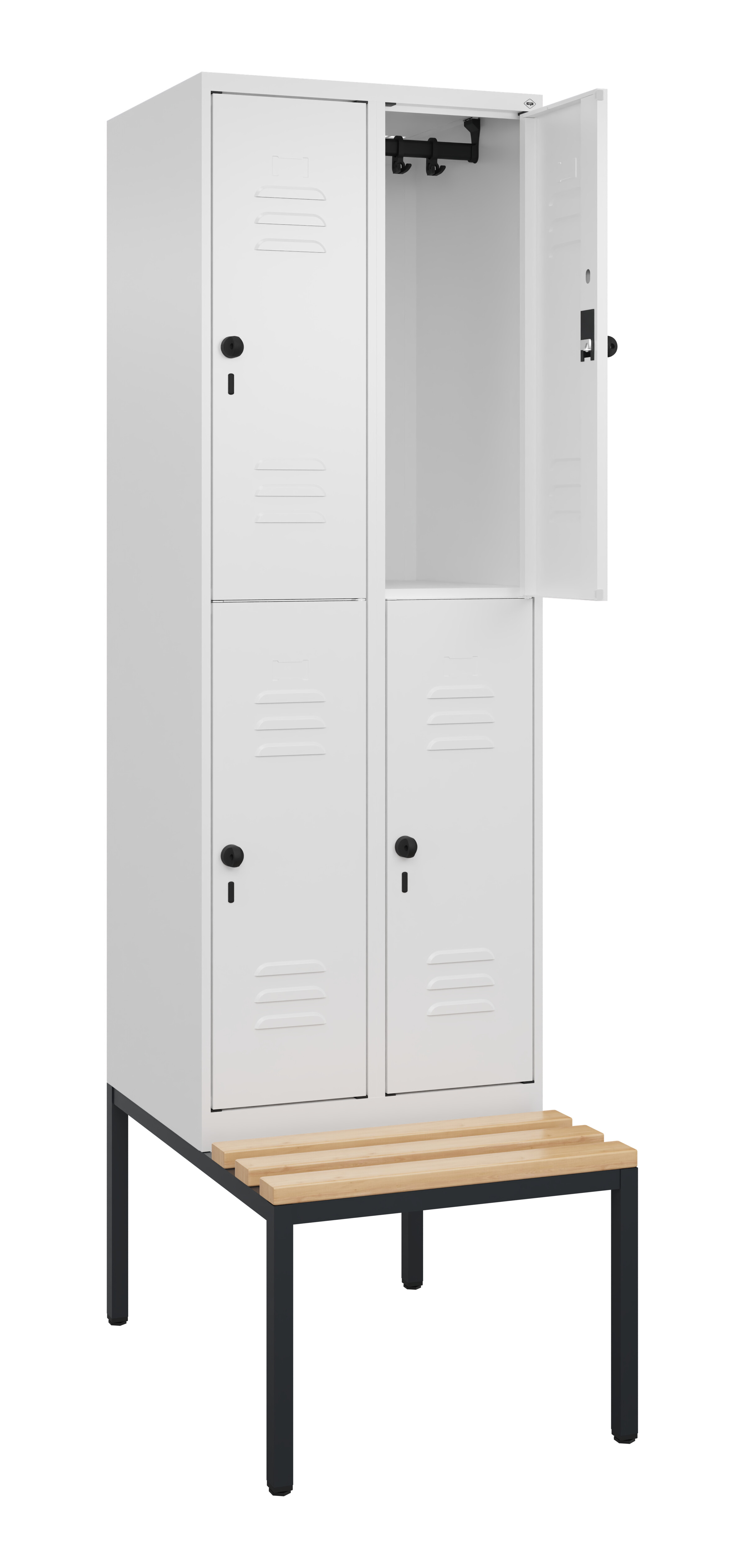 Doppelstock-Spind Classic Plus, Bank, 4 Fächer, 2120x600x815mm Doppelstock-Spind Classic Plus, Bank, 4 Fächer, 2120x600x815mm