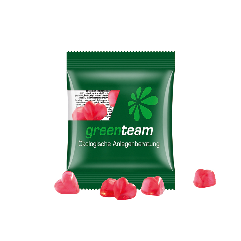 Minitüte 15 g kompostierbare Folie transparent Trolli Fruchtgummi Herz rot Minitüte 15 g kompostierbare Folie transparent Trolli Fruchtgummi Herz rot