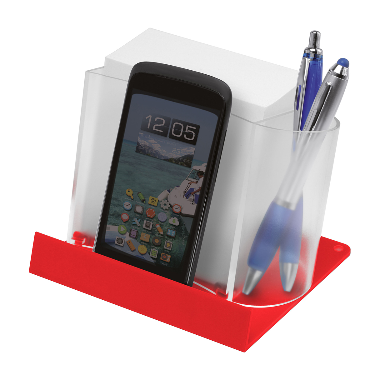 Smartphone--Tabletständer mit Zettelbox und Köcher