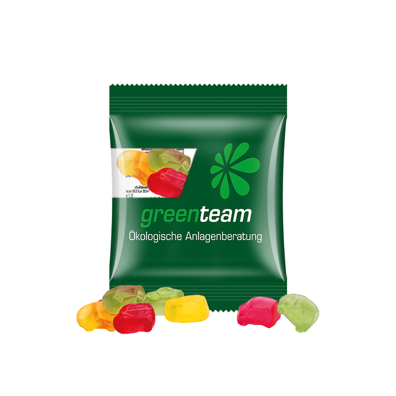 Minitüte 15 g kompostierbare Folie transparent Trolli Fruchtgummi Auto-Mischung Minitüte 15 g kompostierbare Folie transparent Trolli Fruchtgummi Auto-Mischung
