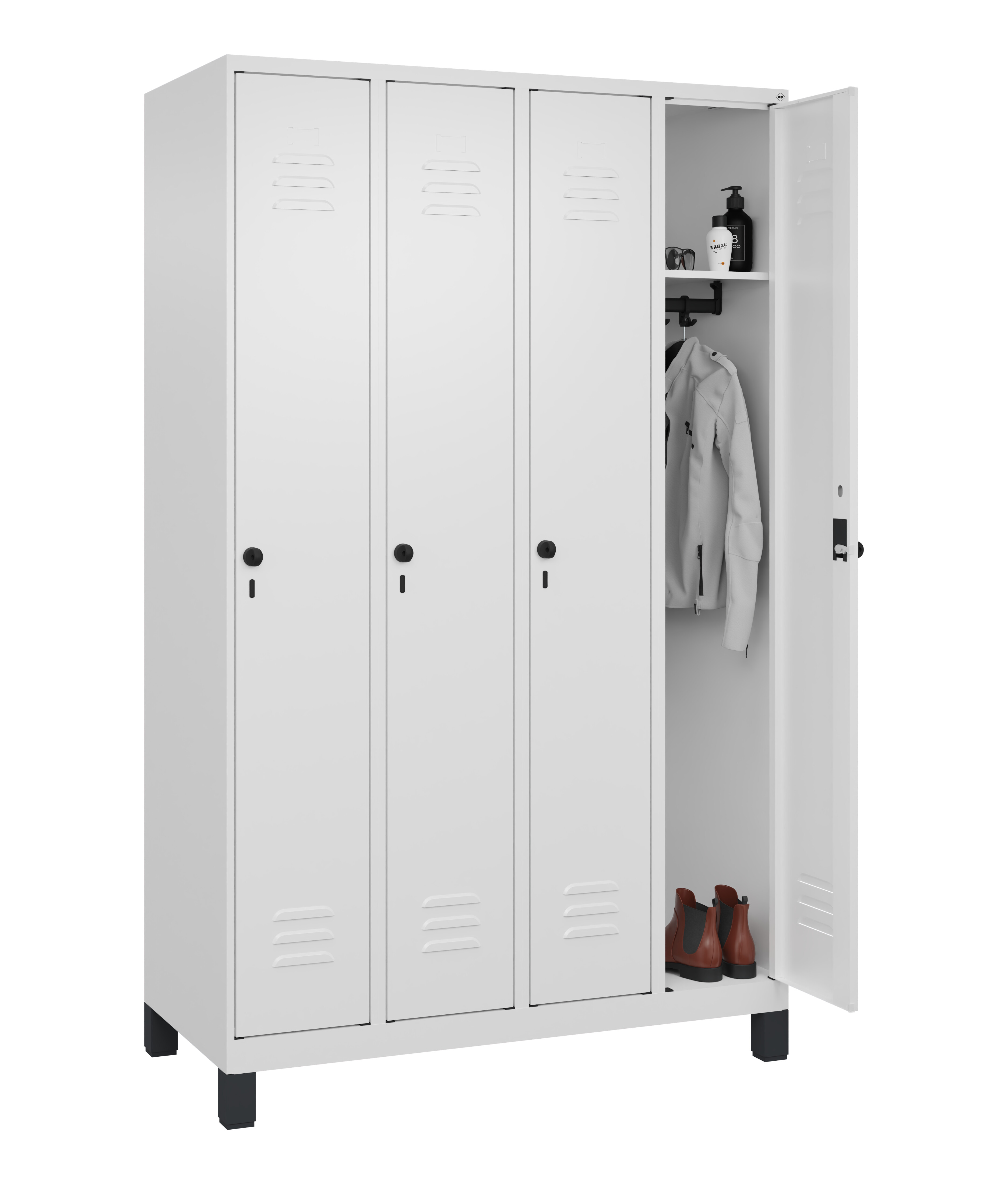 Spind Classic Plus, Füße, 4 Abteile, 1950x1200x500mm Spind Classic Plus, Füße, 4 Abteile, 1950x1200x500mm