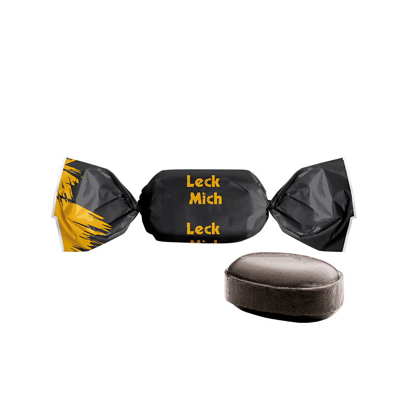 Himbeer-Lakritz Bonbon im weißen kompostierbaren Wickler Himbeer-Lakritz Bonbon im weißen kompostierbaren Wickler