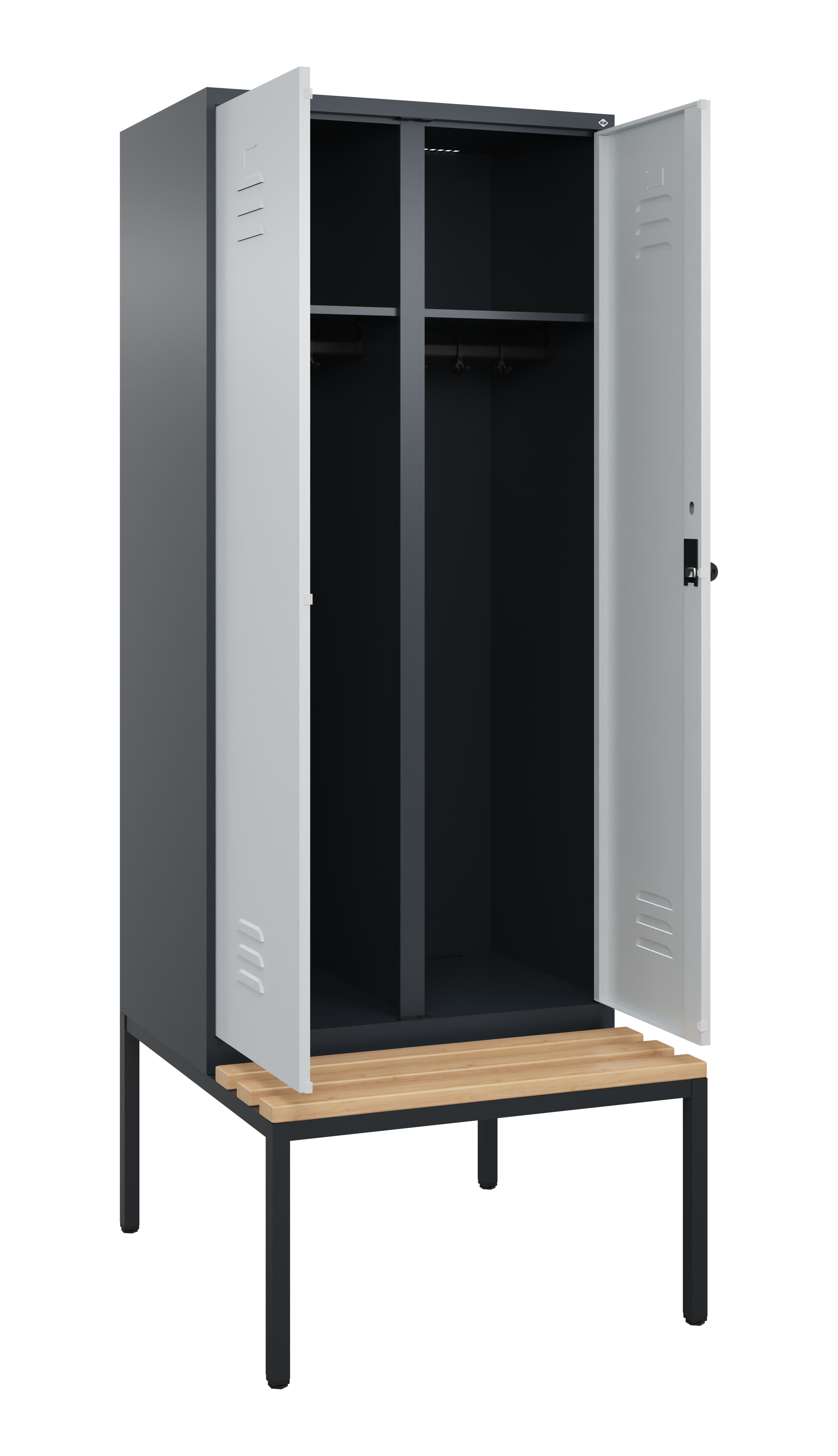 Schwarz-Weiß-Spind Classic Plus, Bank, 2 Abteile, 2120x800x815mm