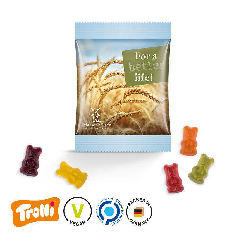 Minitüte 12 g Folie weiß Trolli Vegane Gummibärchen 14% Fruchtsaft Minitüte 12 g Folie weiß Trolli Vegane Gummibärchen 14% Fruchtsaft