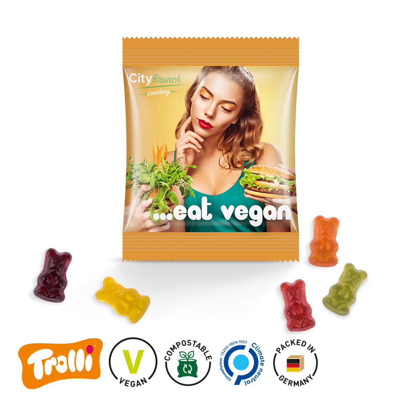Minitüte 12 g kompostierbare Folie weiß Trolli Vegane Gummibärchen 14% Fruchtsaft Minitüte 12 g kompostierbare Folie weiß Trolli Vegane Gummibärchen 14% Fruchtsaft