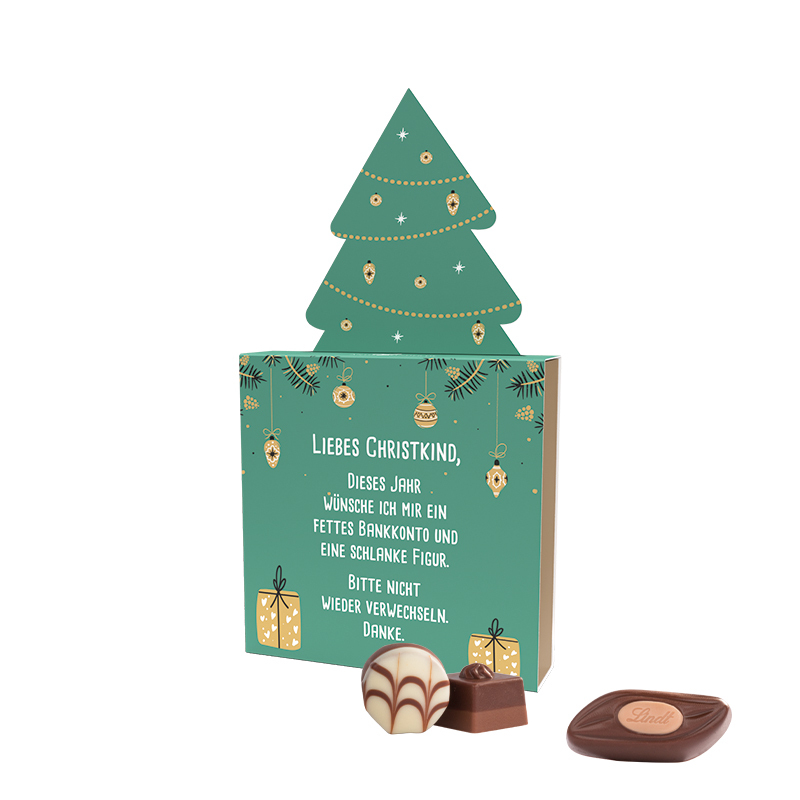 Lindt Präsent im Werbeschuber Tannenbaum Lindt Mini Pralinés