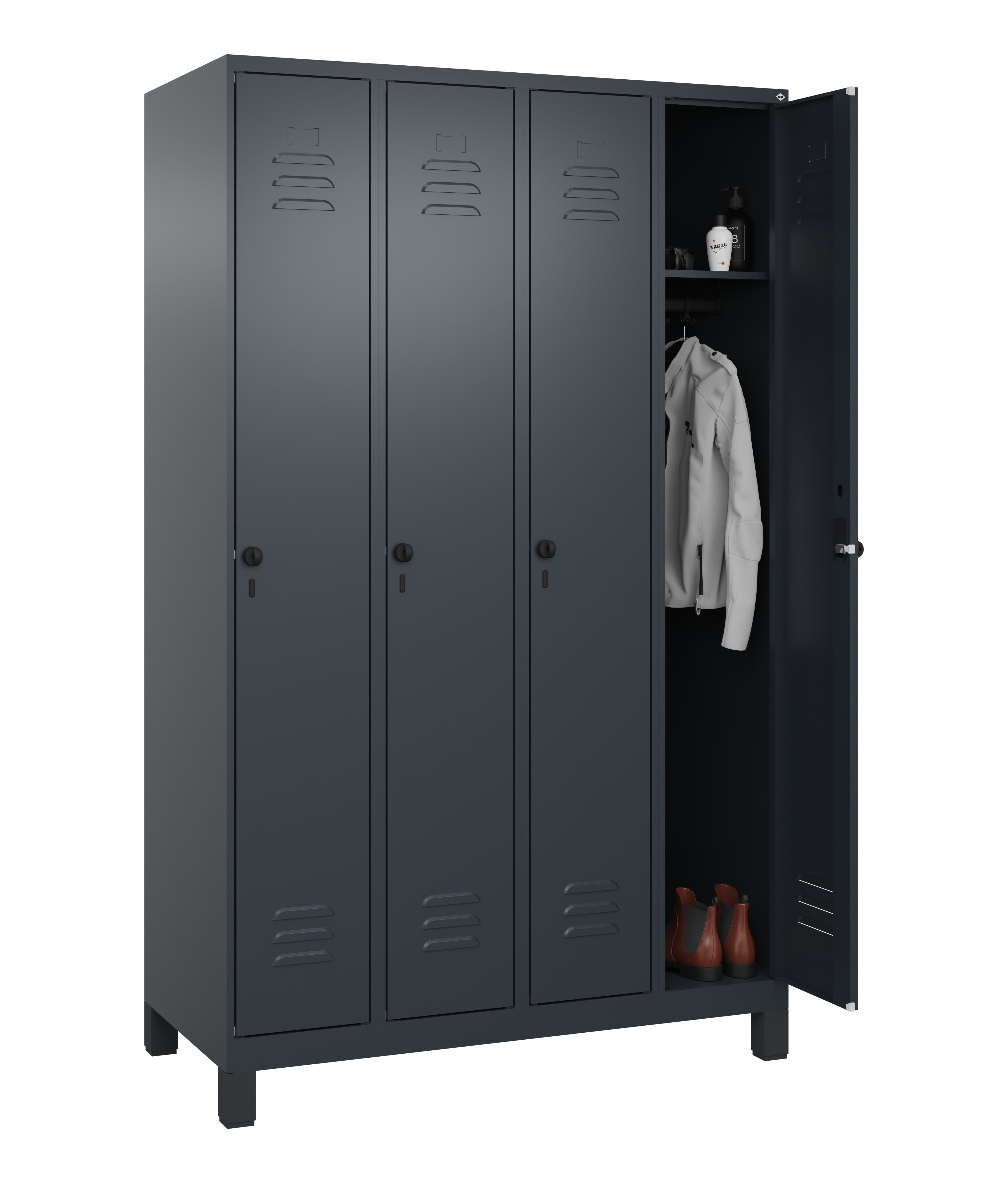 Spind Classic Plus, Füße, 4 Abteile, 1950x1200x500mm Spind Classic Plus, Füße, 4 Abteile, 1950x1200x500mm